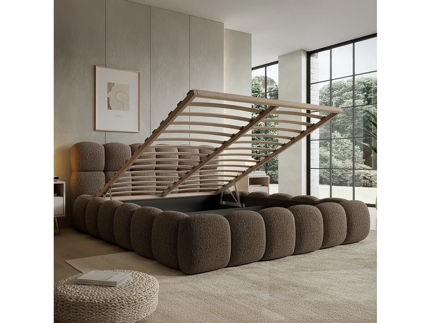 Lit coffre Tomaso 160cm Bouclette Taupe