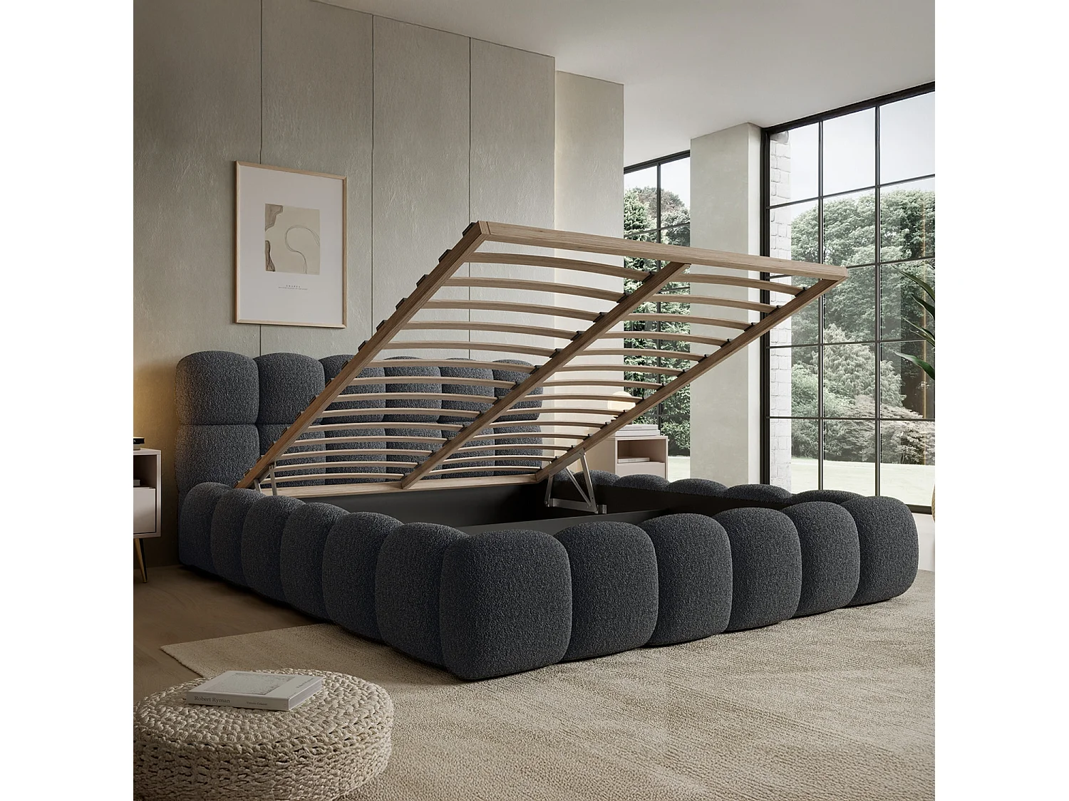 Lit coffre Tomaso 160cm Bouclette Gris foncé