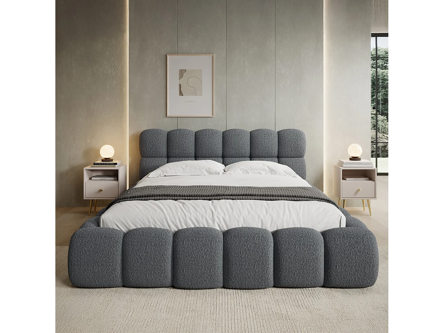 Lit coffre Tomaso 160cm Bouclette Gris foncé