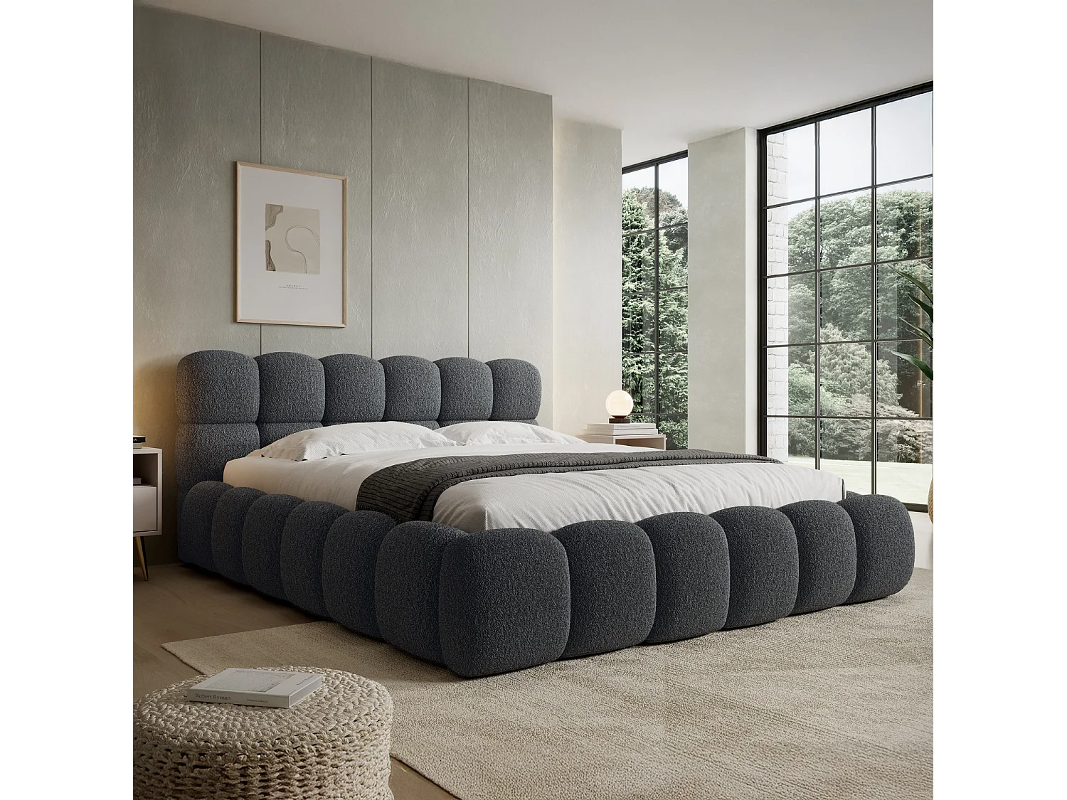 Lit coffre Tomaso 140cm Bouclette Gris foncé