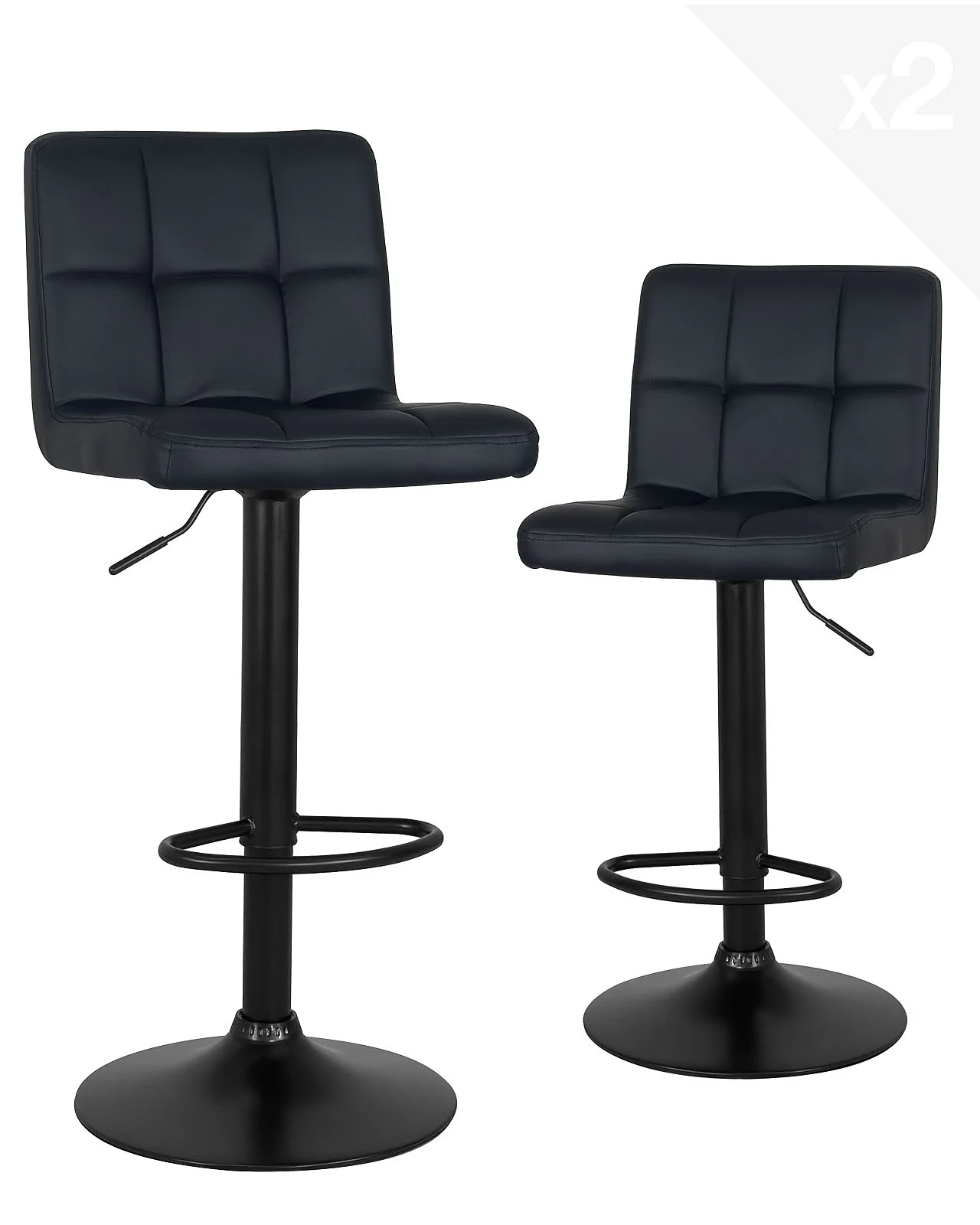 Lot 2 chaises de bar simili cuir matelassé rembourré hauteur réglable pivotant SIVAN (noir intégral)