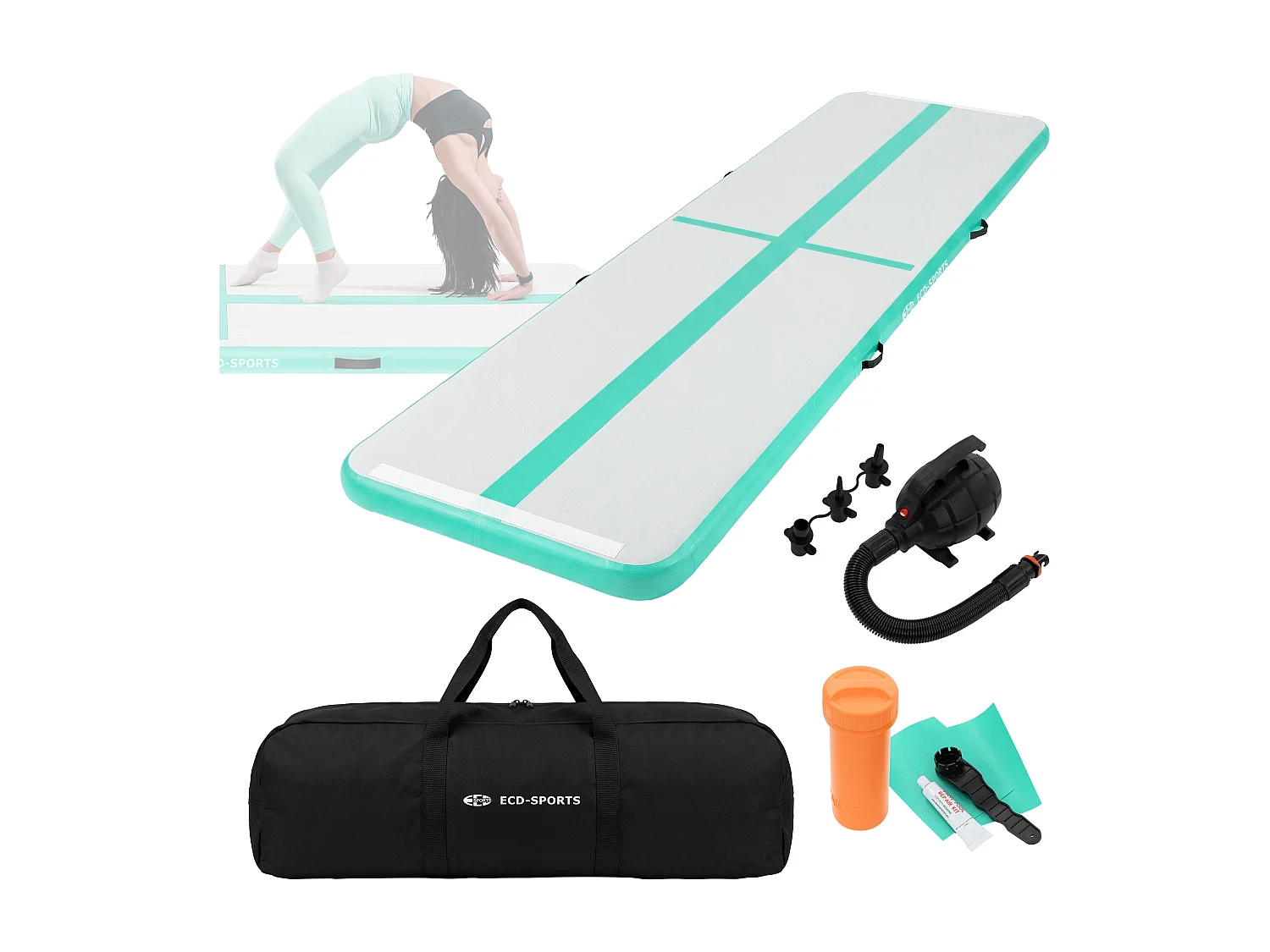 ECD Germany Tappetino ginnastica gonfiabile airtrack 4m verde menta 10 cm materassino tumbling fitness palestra con borsa trasporto e pompa elettrica