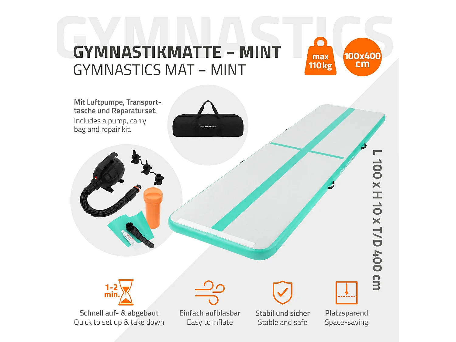 ECD Germany Tappetino ginnastica gonfiabile airtrack 4m verde menta 10 cm materassino tumbling fitness palestra con borsa trasporto e pompa elettrica