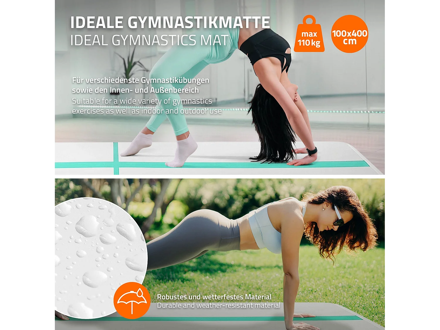 ECD Germany Tappetino ginnastica gonfiabile airtrack 4m verde menta 10 cm materassino tumbling fitness palestra con borsa trasporto e pompa elettrica