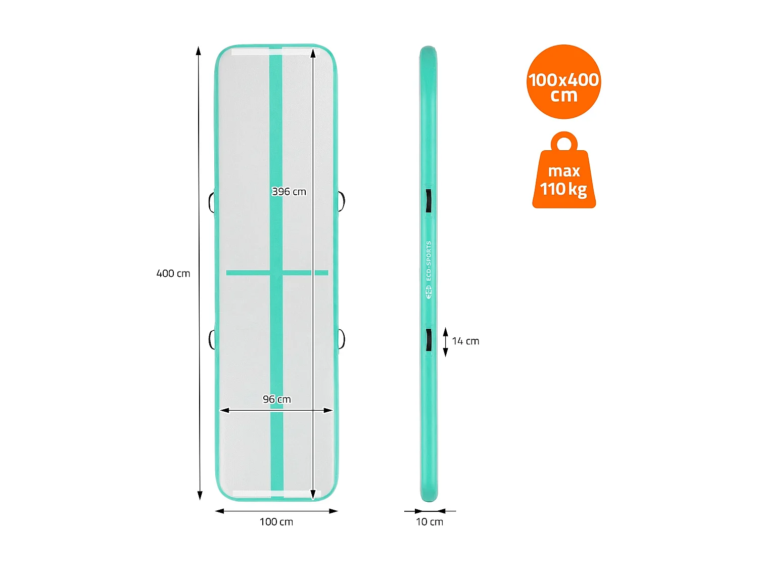 ECD Germany Tappetino ginnastica gonfiabile airtrack 4m verde menta 10 cm materassino tumbling fitness palestra con borsa trasporto e pompa elettrica