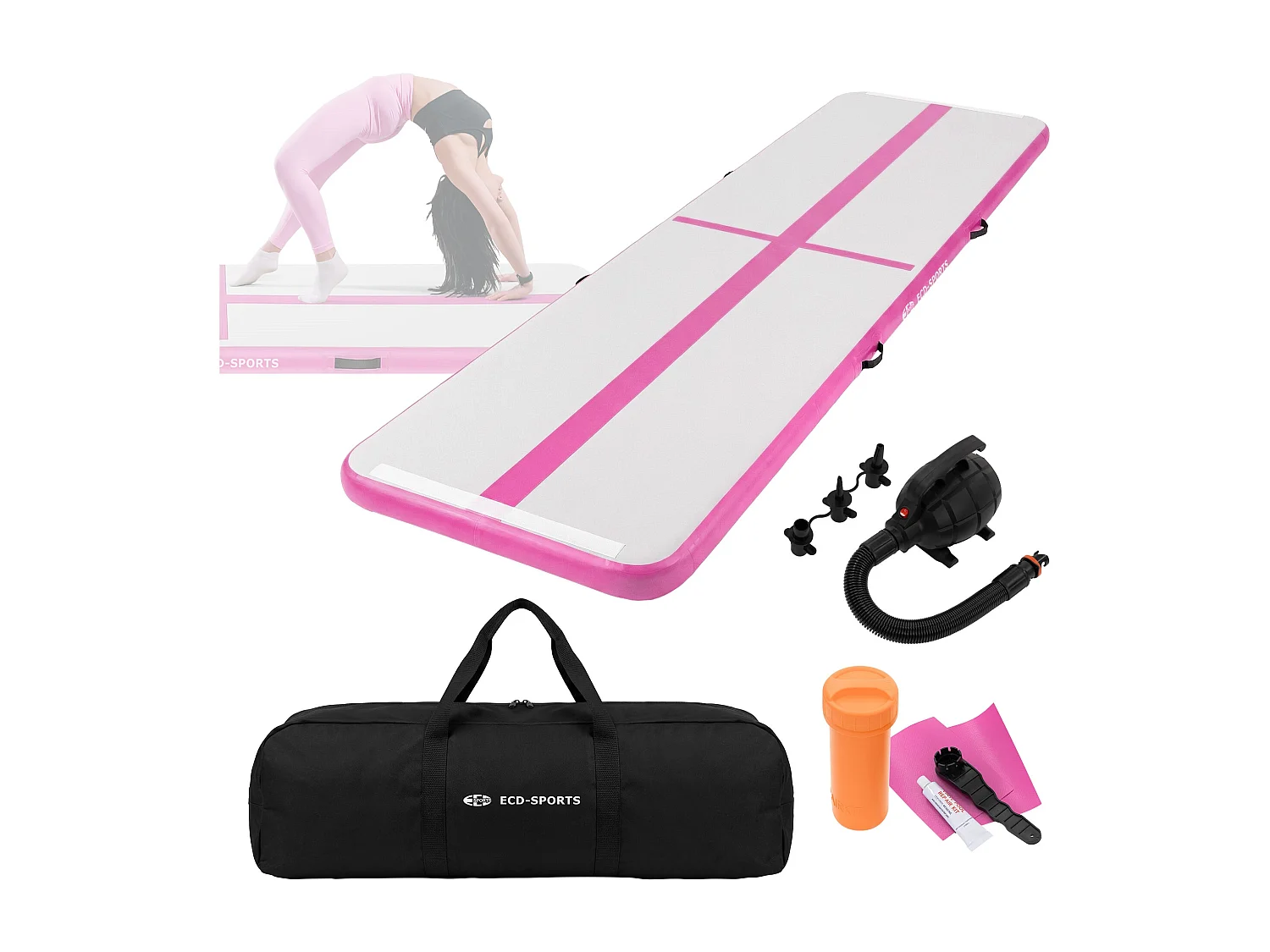 Tapis airtrack 400x100x10cm en rose piste de gymnastique gonflable pour tumbling yoga pilates et fitness avec pompe électrique et sac de transport