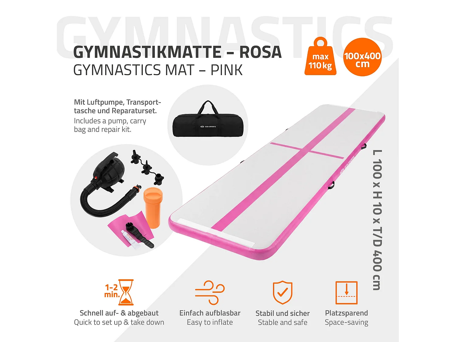 Tapis airtrack 400x100x10cm en rose piste de gymnastique gonflable pour tumbling yoga pilates et fitness avec pompe électrique et sac de transport