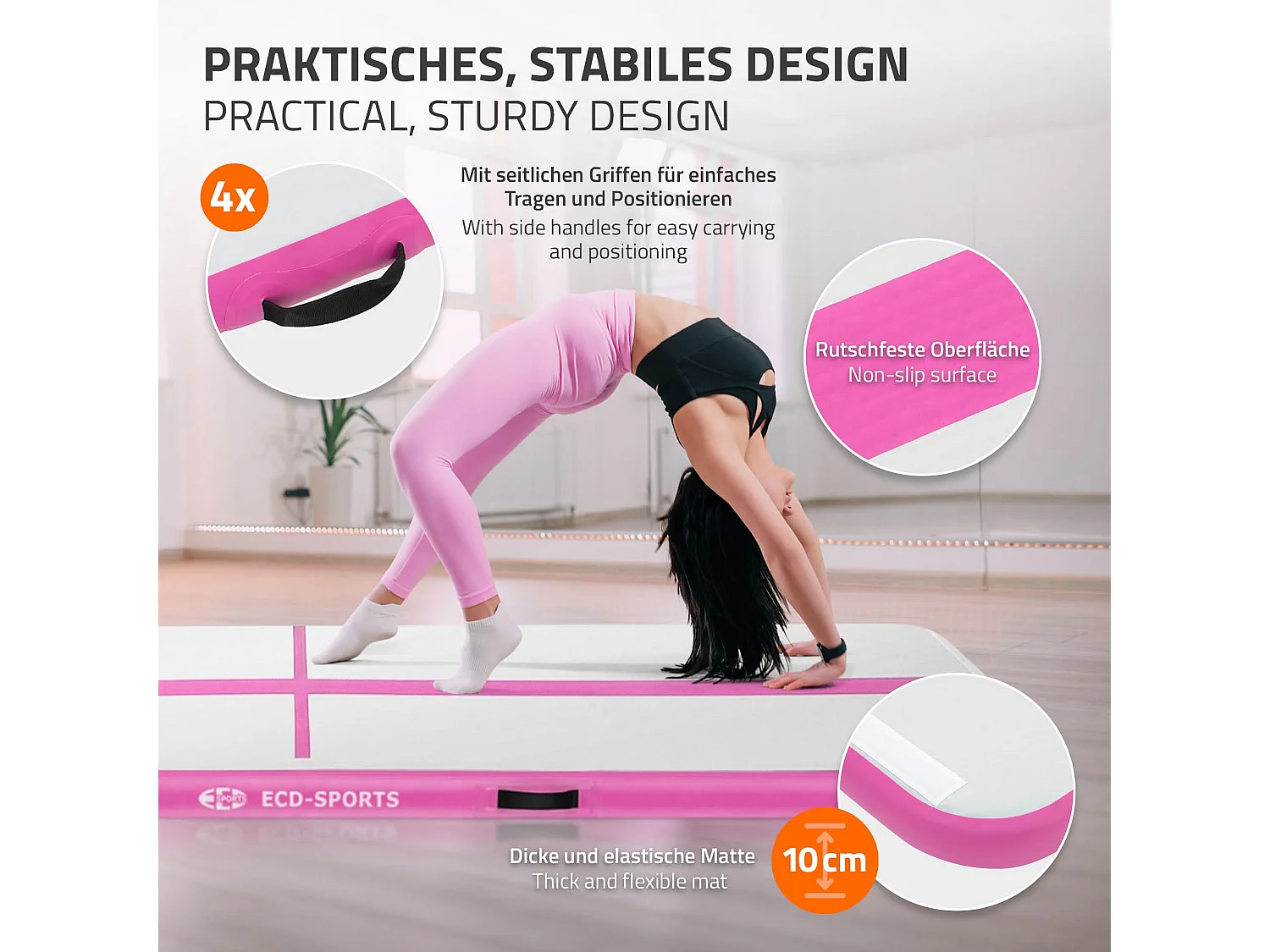 Tapis airtrack 400x100x10cm en rose piste de gymnastique gonflable pour tumbling yoga pilates et fitness avec pompe électrique et sac de transport