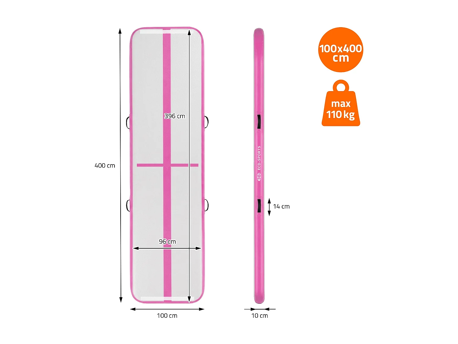 Tapis airtrack 400x100x10cm en rose piste de gymnastique gonflable pour tumbling yoga pilates et fitness avec pompe électrique et sac de transport