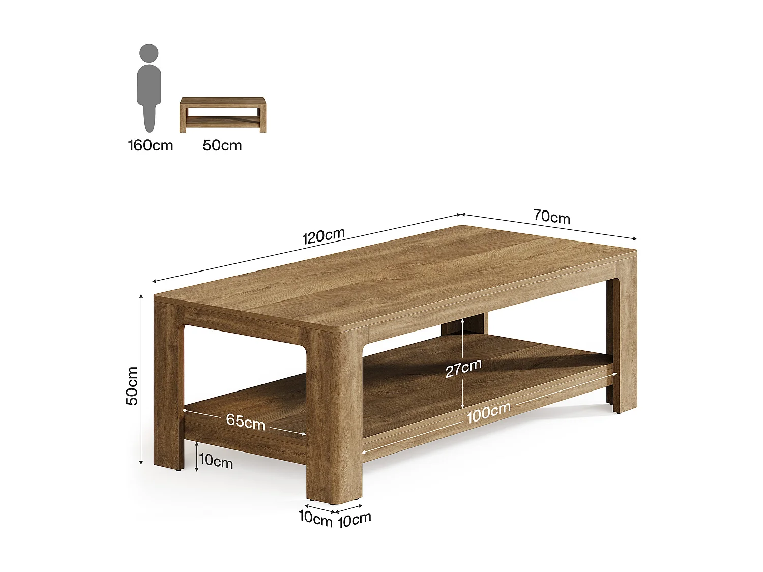 Mesa de café retangular de 120 cm com armazenamento de 2 andares, mesa central de madeira para sala de estar