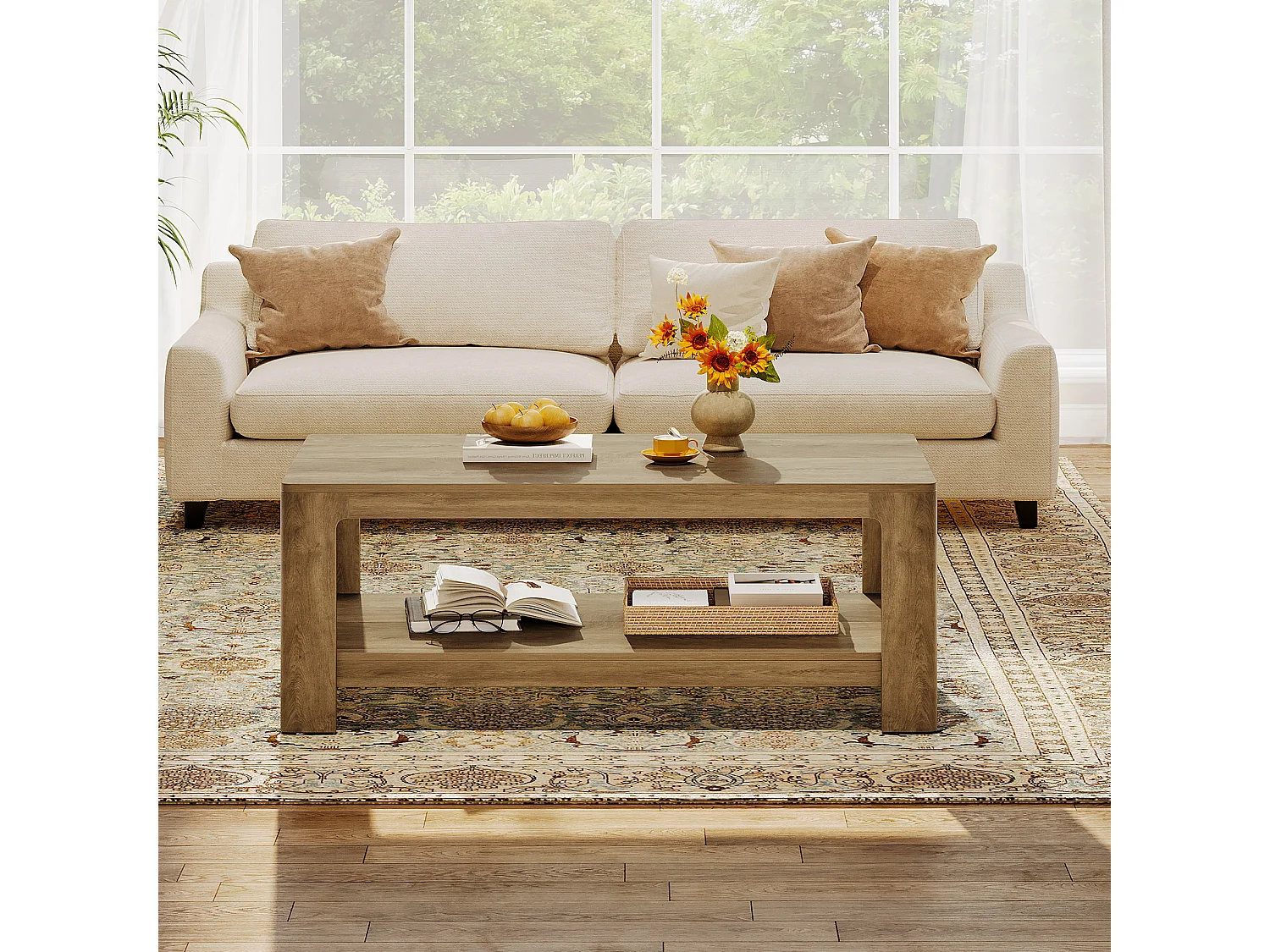 Mesa de café retangular de 120 cm com armazenamento de 2 andares, mesa central de madeira para sala de estar