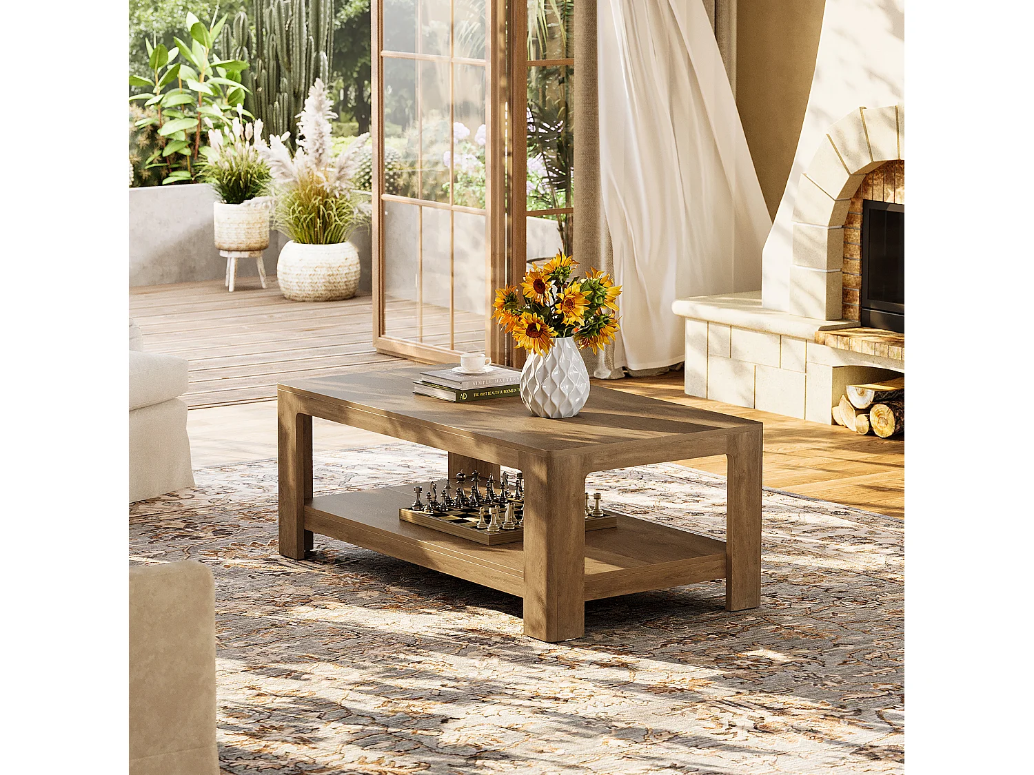 Mesa de café retangular de 120 cm com armazenamento de 2 andares, mesa central de madeira para sala de estar