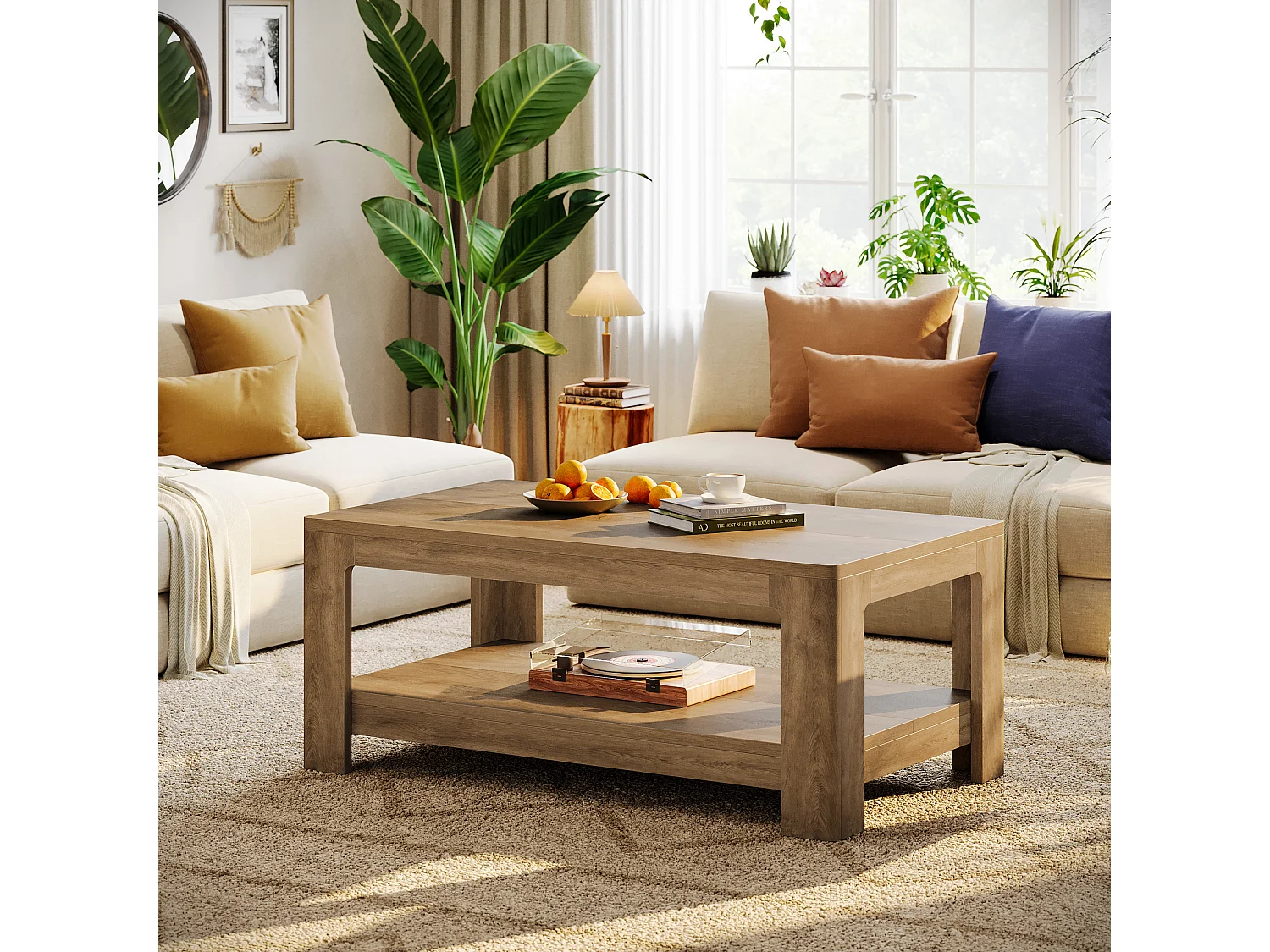 Mesa de café retangular de 120 cm com armazenamento de 2 andares, mesa central de madeira para sala de estar