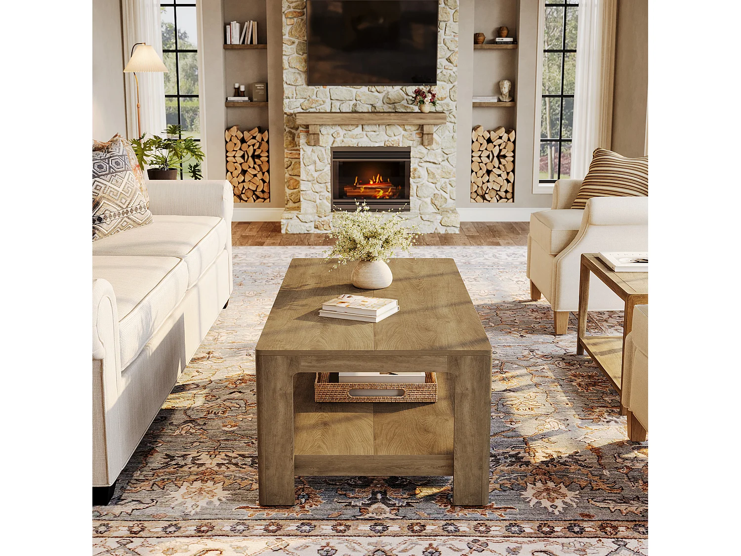 Mesa de café retangular de 120 cm com armazenamento de 2 andares, mesa central de madeira para sala de estar