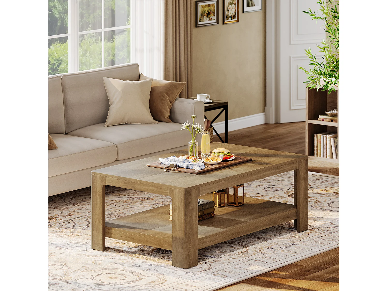 Mesa de café retangular de 120 cm com armazenamento de 2 andares, mesa central de madeira para sala de estar