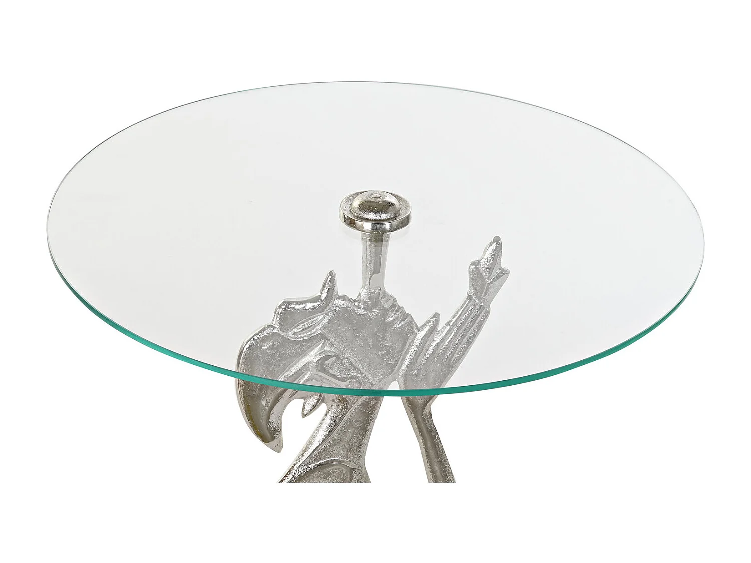 Bijzettafel van aluminium en glas, 46x46x72 cm, voor één persoon.