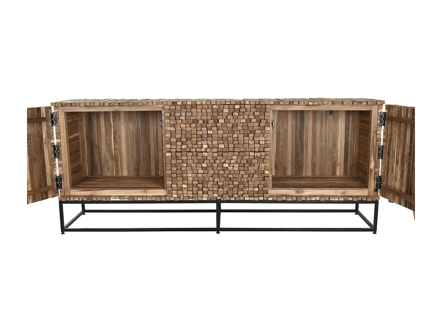 Aparador em teca reciclada, 200 x 45 x 80 cm, 2 portas, 2 gavetas.