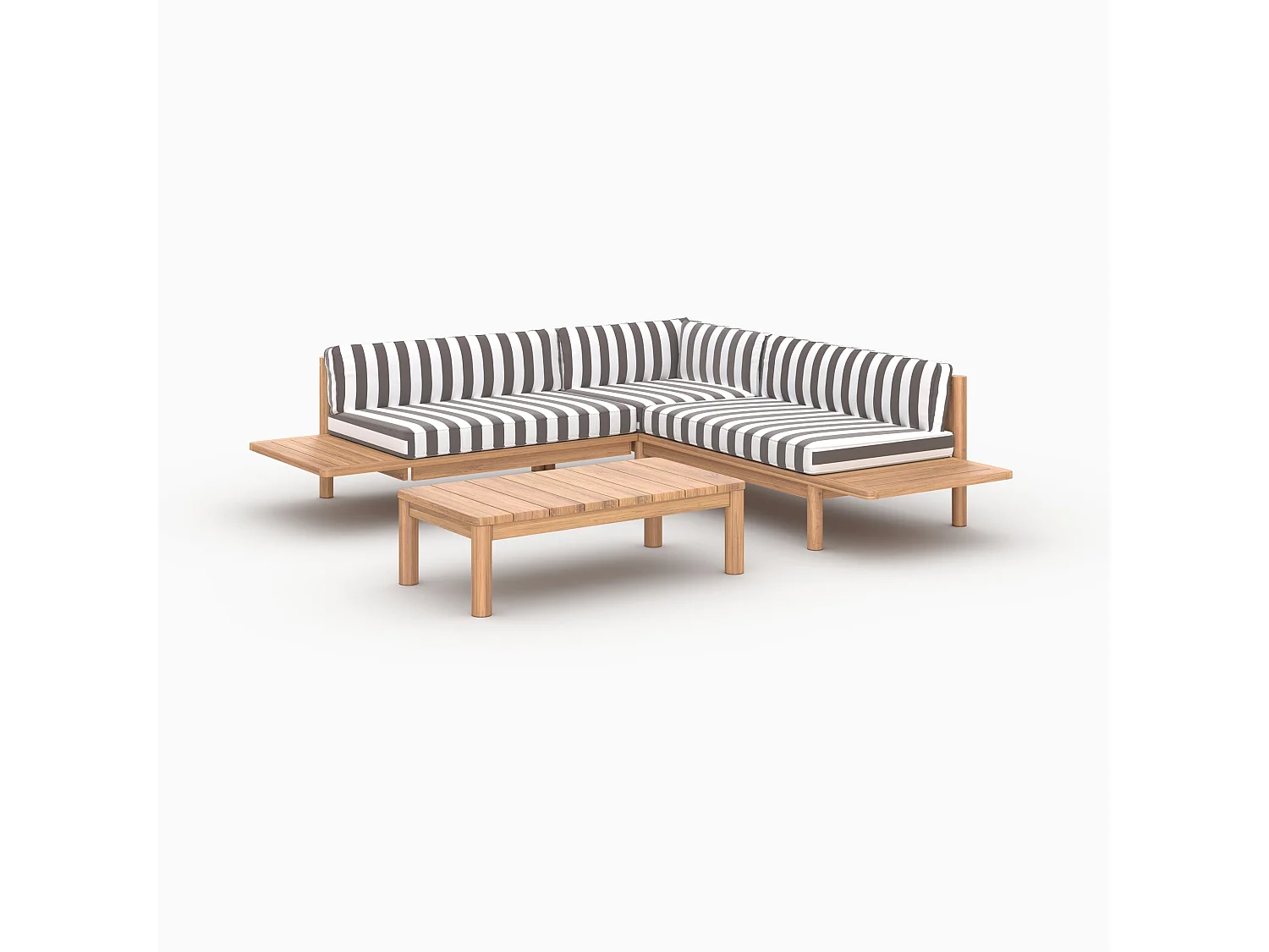 Salon de jardin 4 personnes en teck massif et tissu rayé gris - Nadila
