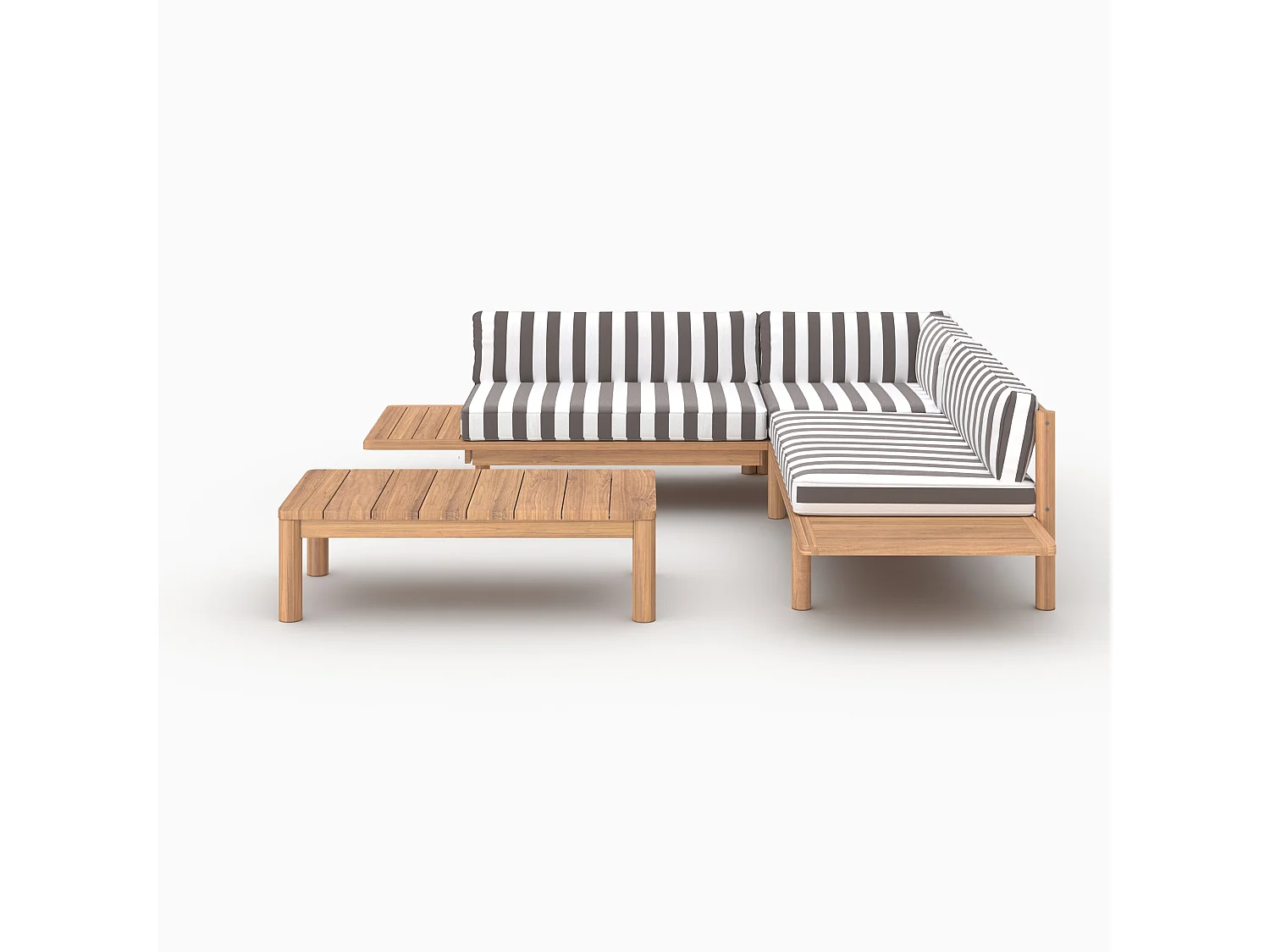 Salon de jardin 4 personnes en teck massif et tissu rayé gris - Nadila