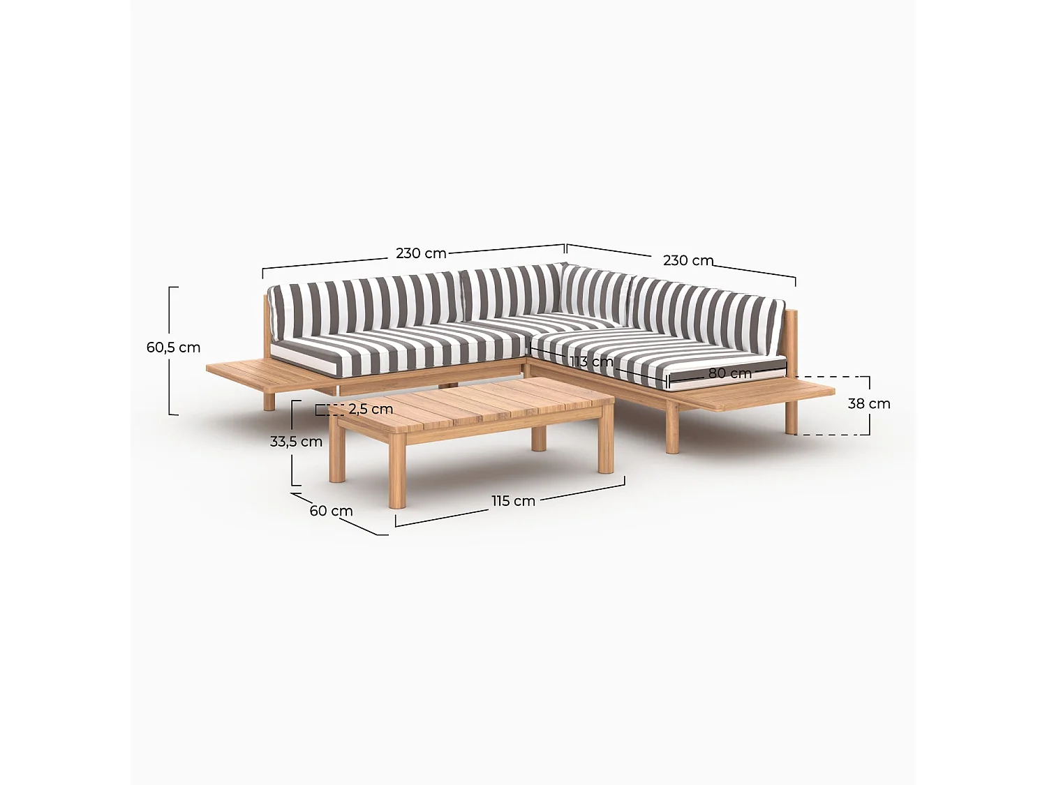 Salon de jardin 4 personnes en teck massif et tissu rayé gris - Nadila