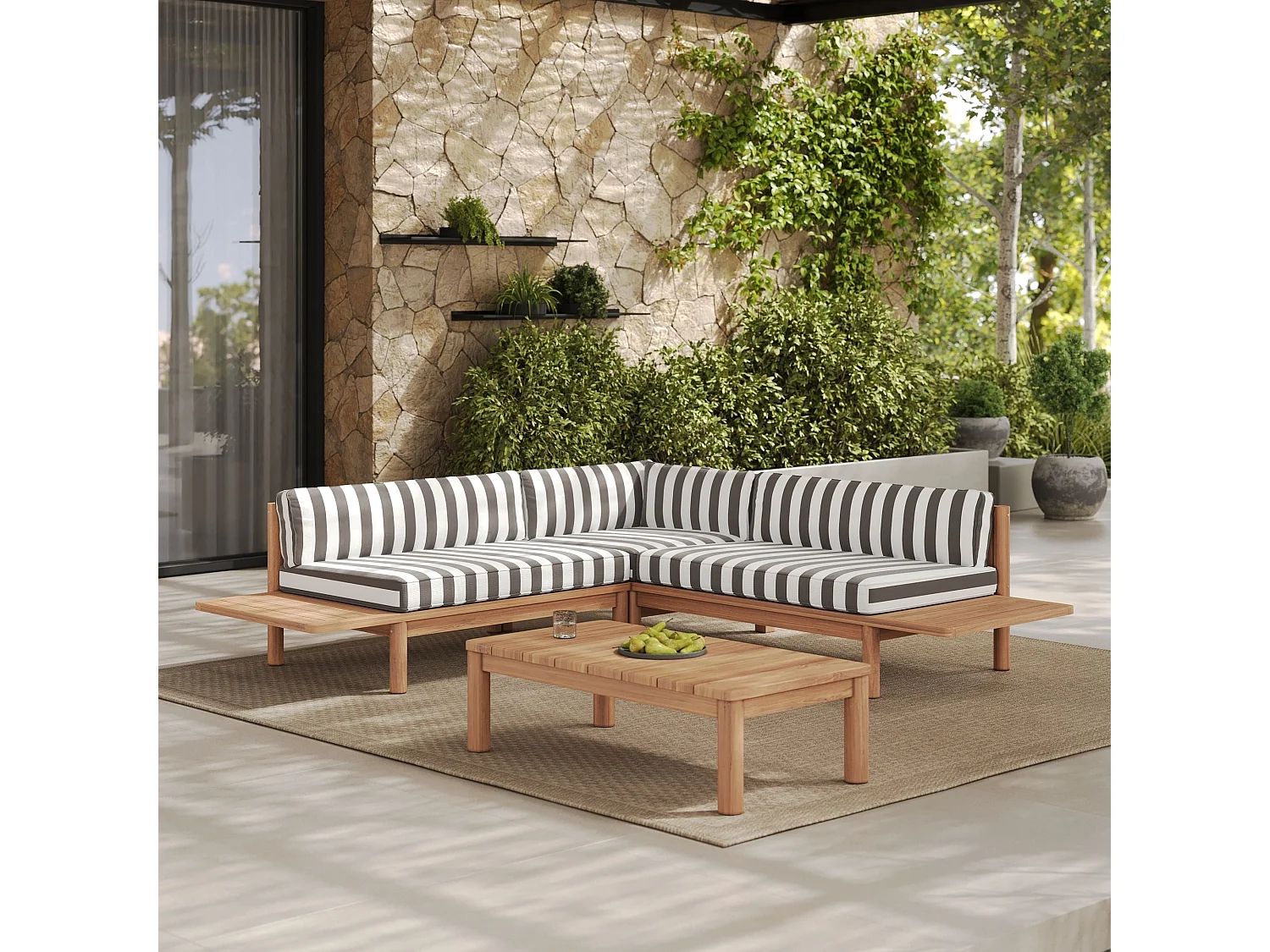 Sala de jardín para 4 personas en teca maciza y tela a rayas gris - Nadila