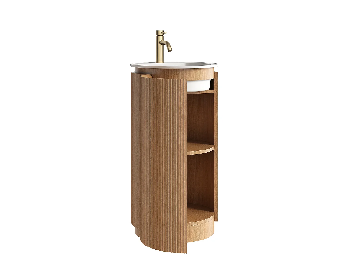 Meuble lave main strié rond à poser en bois de frêne avec vasque à encastrer et robinet - Naturel clair - 45 x 45 x 85 cm - NEFIS