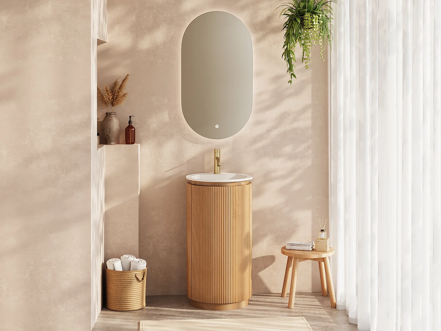 Meuble lave main strié rond à poser en bois de frêne avec vasque à encastrer et robinet - Naturel clair - 45 x 45 x 85 cm - NEFIS