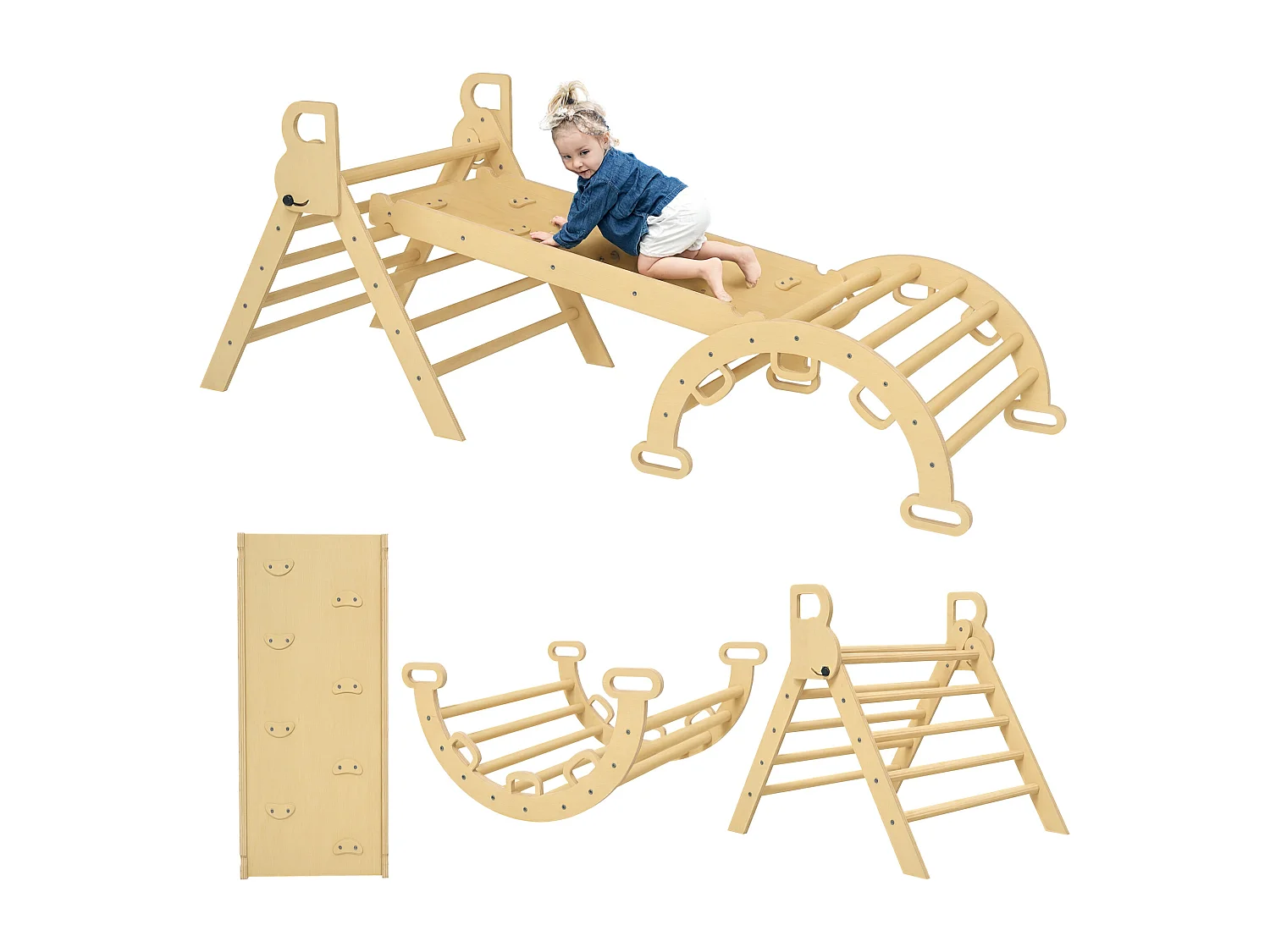 Ensemble d'escalade en bois 5 en 1 - triangle Pikler, arche, bascule, toboggan, rampe - panneaux bois pin