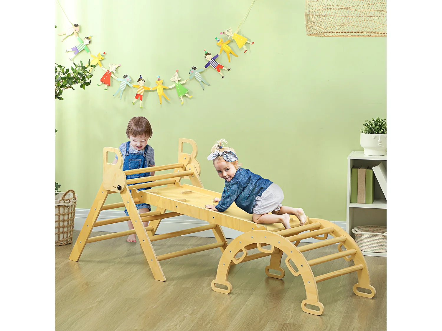 Ensemble d'escalade en bois 5 en 1 - triangle Pikler, arche, bascule, toboggan, rampe - panneaux bois pin