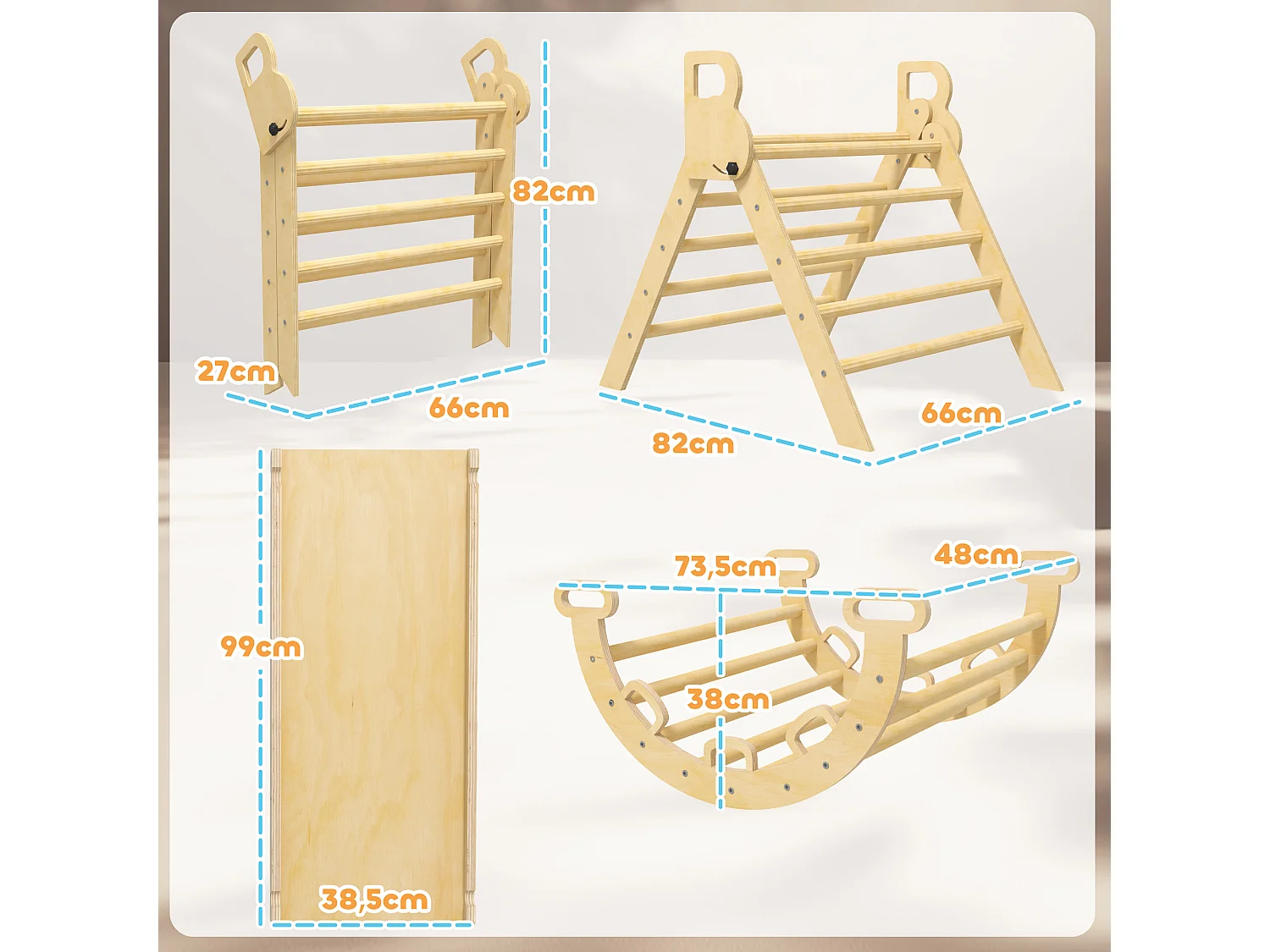 Ensemble d'escalade en bois 5 en 1 - triangle Pikler, arche, bascule, toboggan, rampe - panneaux bois pin