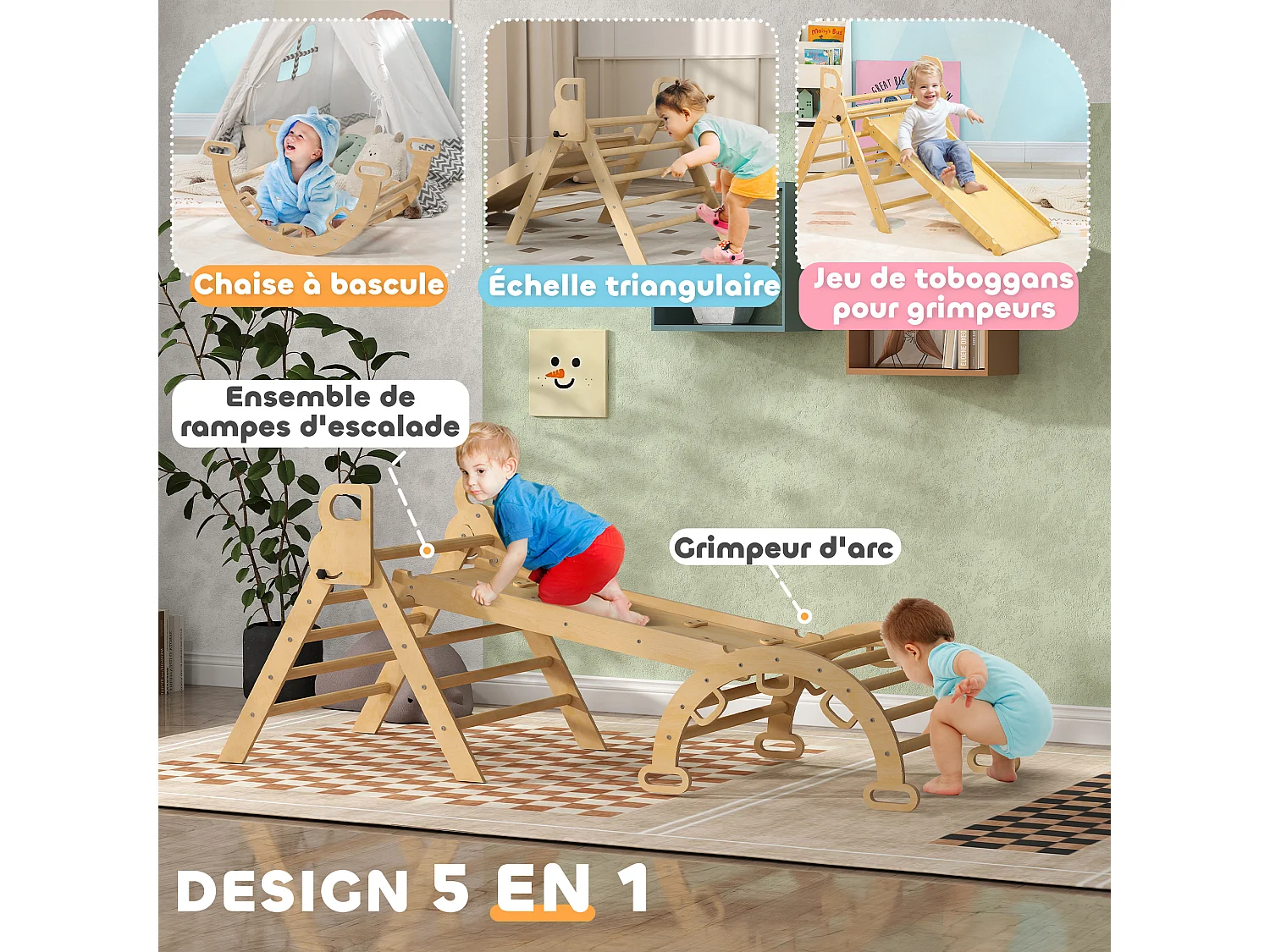 Ensemble d'escalade en bois 5 en 1 - triangle Pikler, arche, bascule, toboggan, rampe - panneaux bois pin
