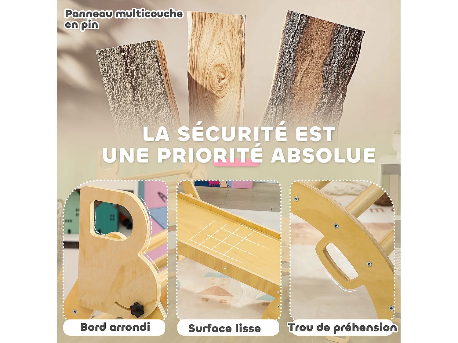 Ensemble d'escalade en bois 5 en 1 - triangle Pikler, arche, bascule, toboggan, rampe - panneaux bois pin