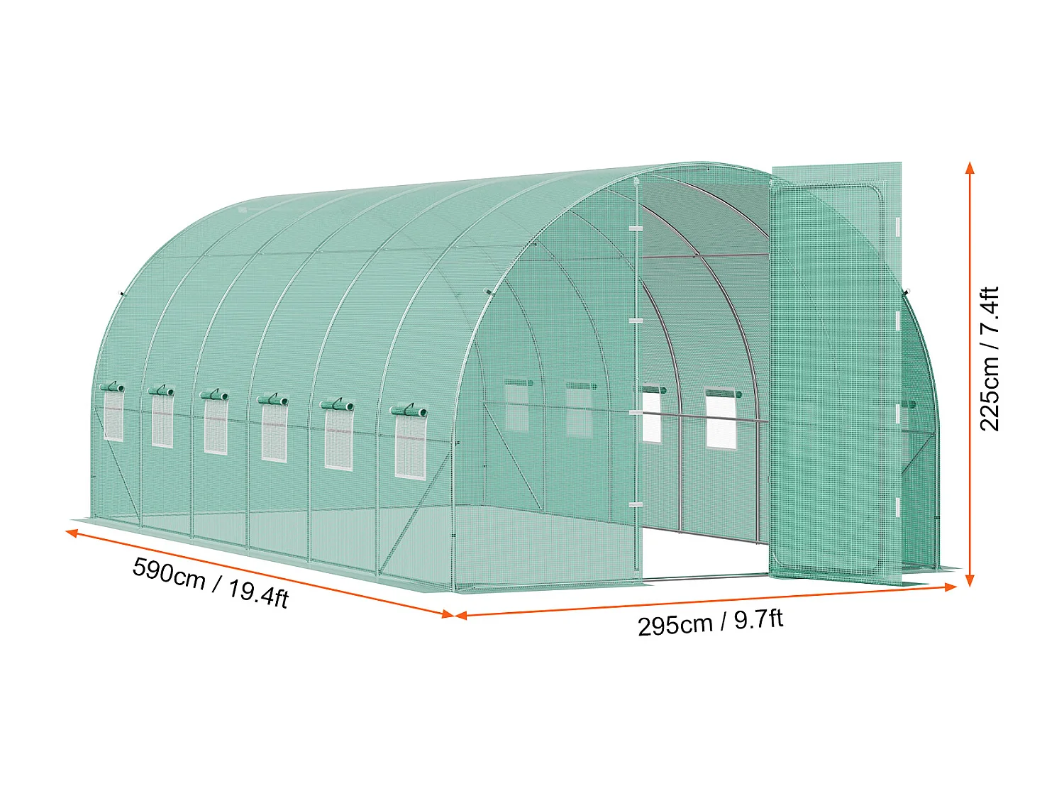VEVOR Serre tunnel jardin 590x295x225 cm, cadre acier galvanisé, couverture PE verte, porte battante, 12 fenêtres.