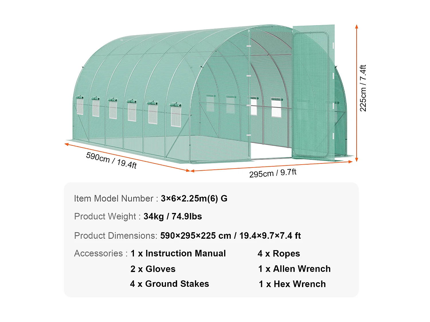 VEVOR Serre tunnel jardin 590x295x225 cm, cadre acier galvanisé, couverture PE verte, porte battante, 12 fenêtres.