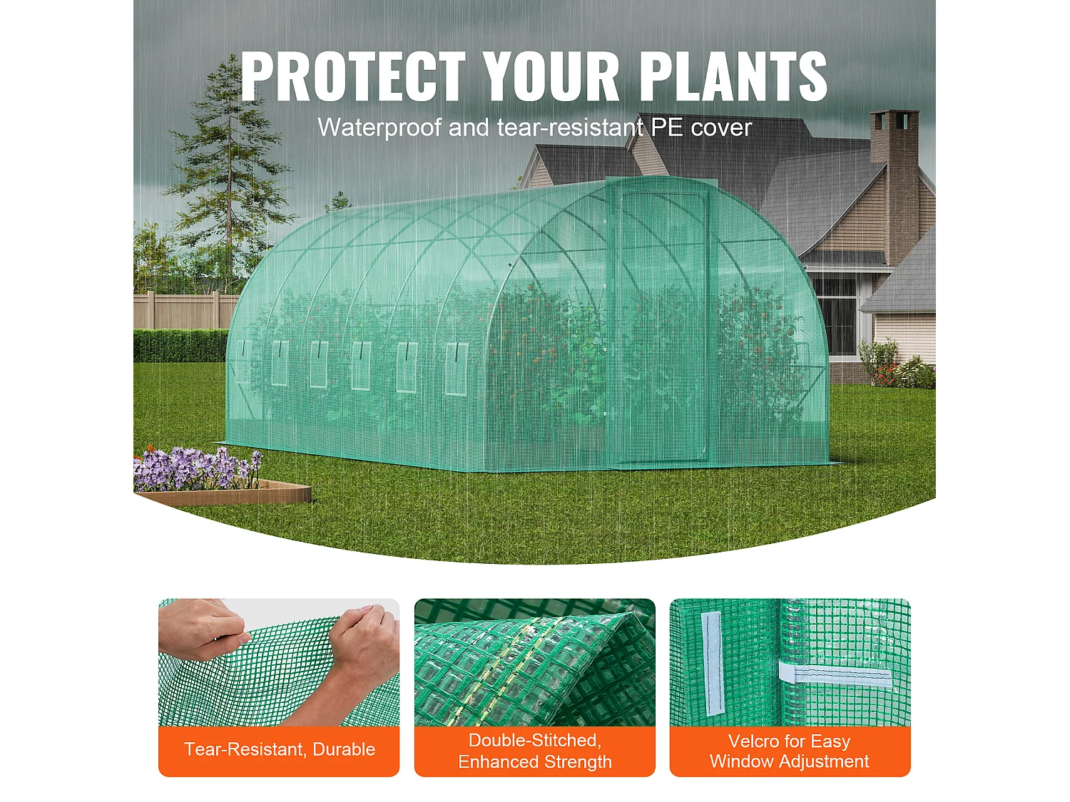 VEVOR Serre tunnel jardin 590x295x225 cm, cadre acier galvanisé, couverture PE verte, porte battante, 12 fenêtres.