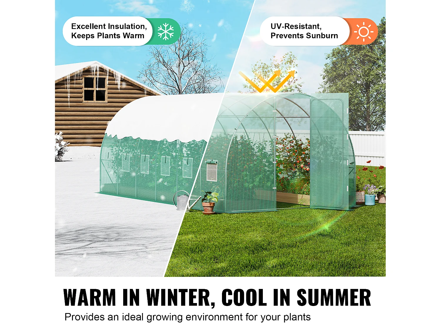 VEVOR Serre tunnel jardin 590x295x225 cm, cadre acier galvanisé, couverture PE verte, porte battante, 12 fenêtres.