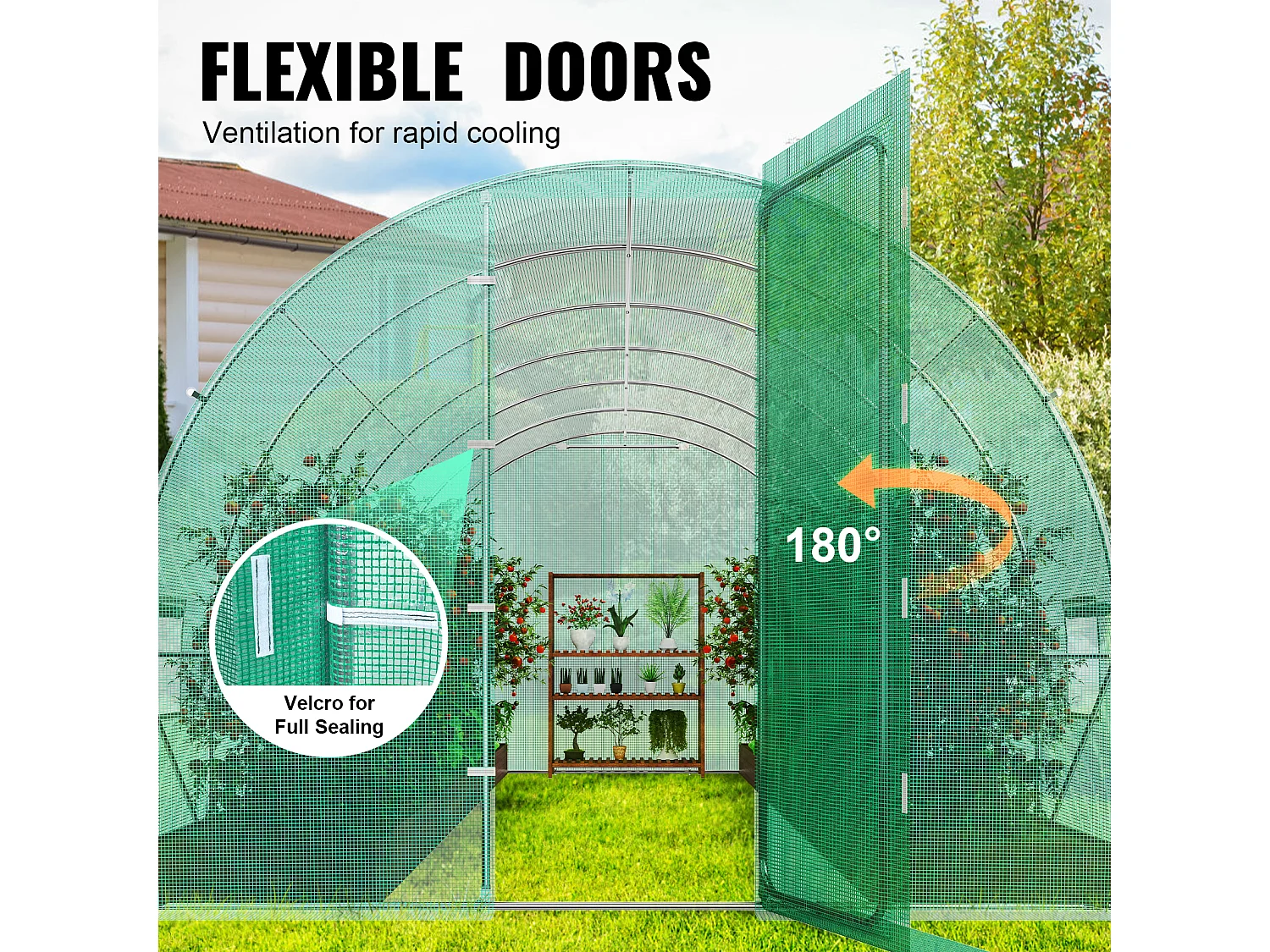 VEVOR Serre tunnel jardin 590x295x225 cm, cadre acier galvanisé, couverture PE verte, porte battante, 12 fenêtres.