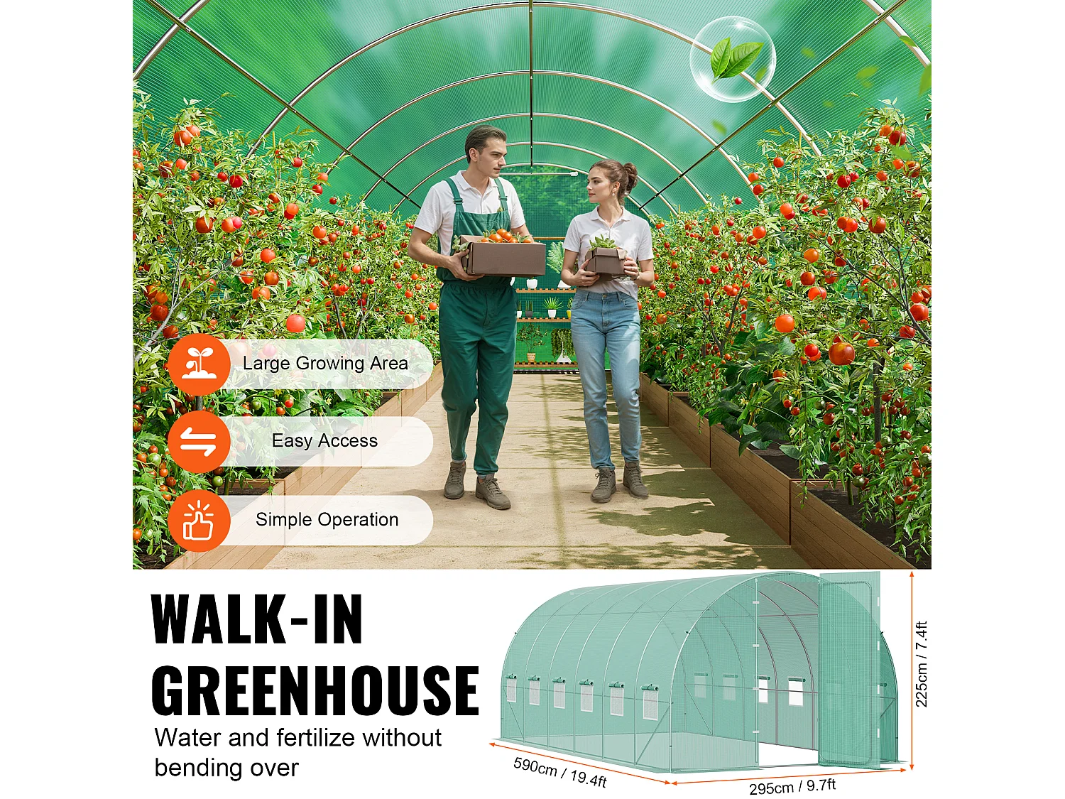 VEVOR Serre tunnel jardin 590x295x225 cm, cadre acier galvanisé, couverture PE verte, porte battante, 12 fenêtres.
