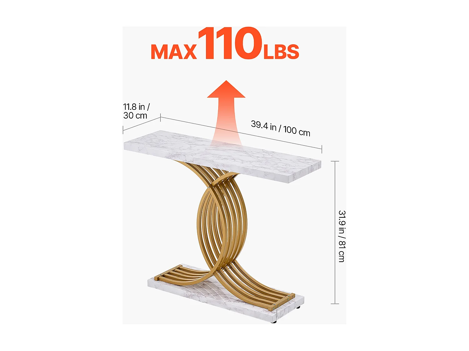 Table console étroite canapé 100x30x81 cm, 1 niveau, cadre métal, pour couloir, salon, chambre.