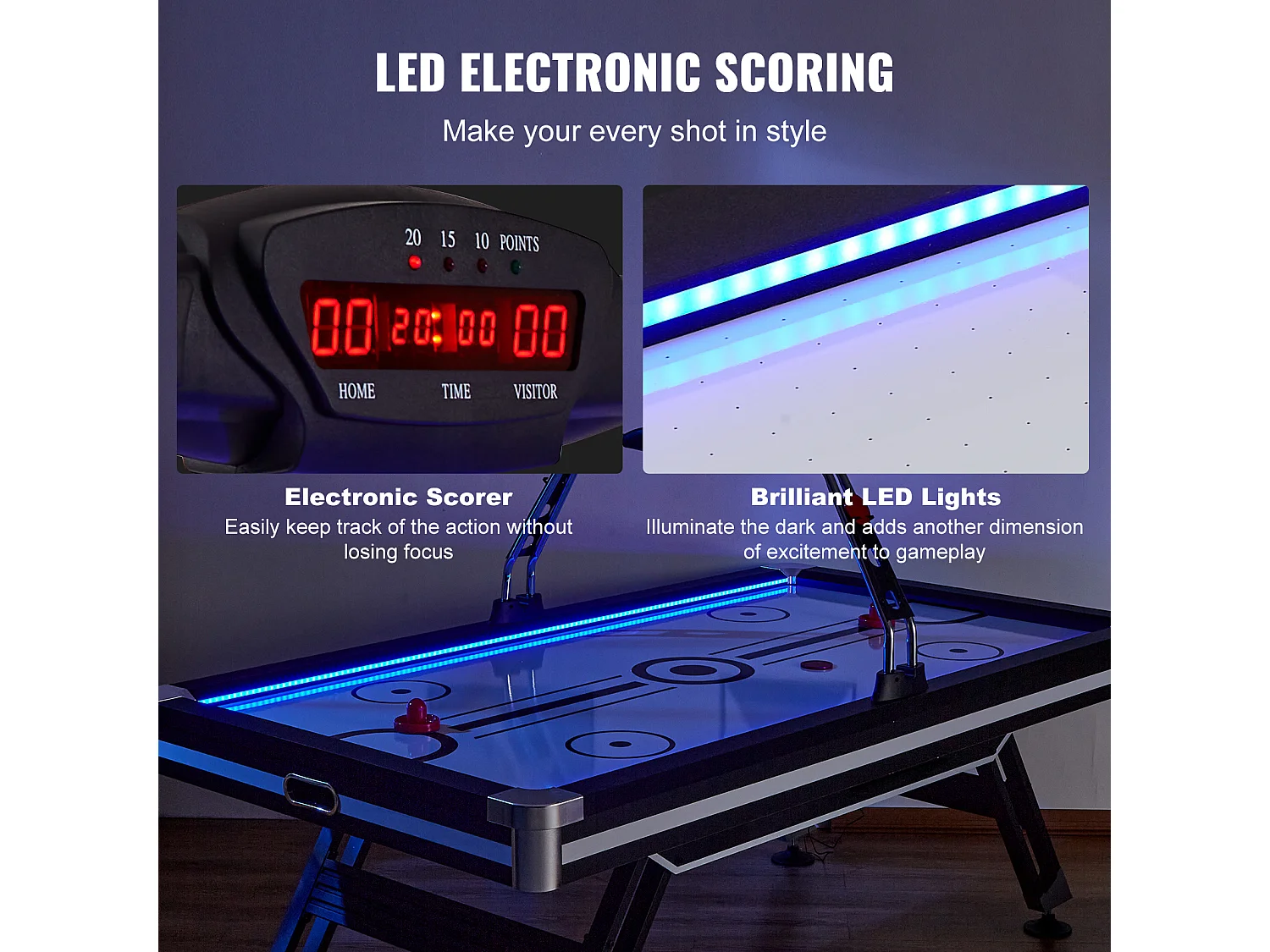 Billard / Table d’Air Hockey avec Systeme de Score Electronique LED, Materiel pour Hockey sur Table deInterieur, avec 2 Palets, 2 Poussoirs