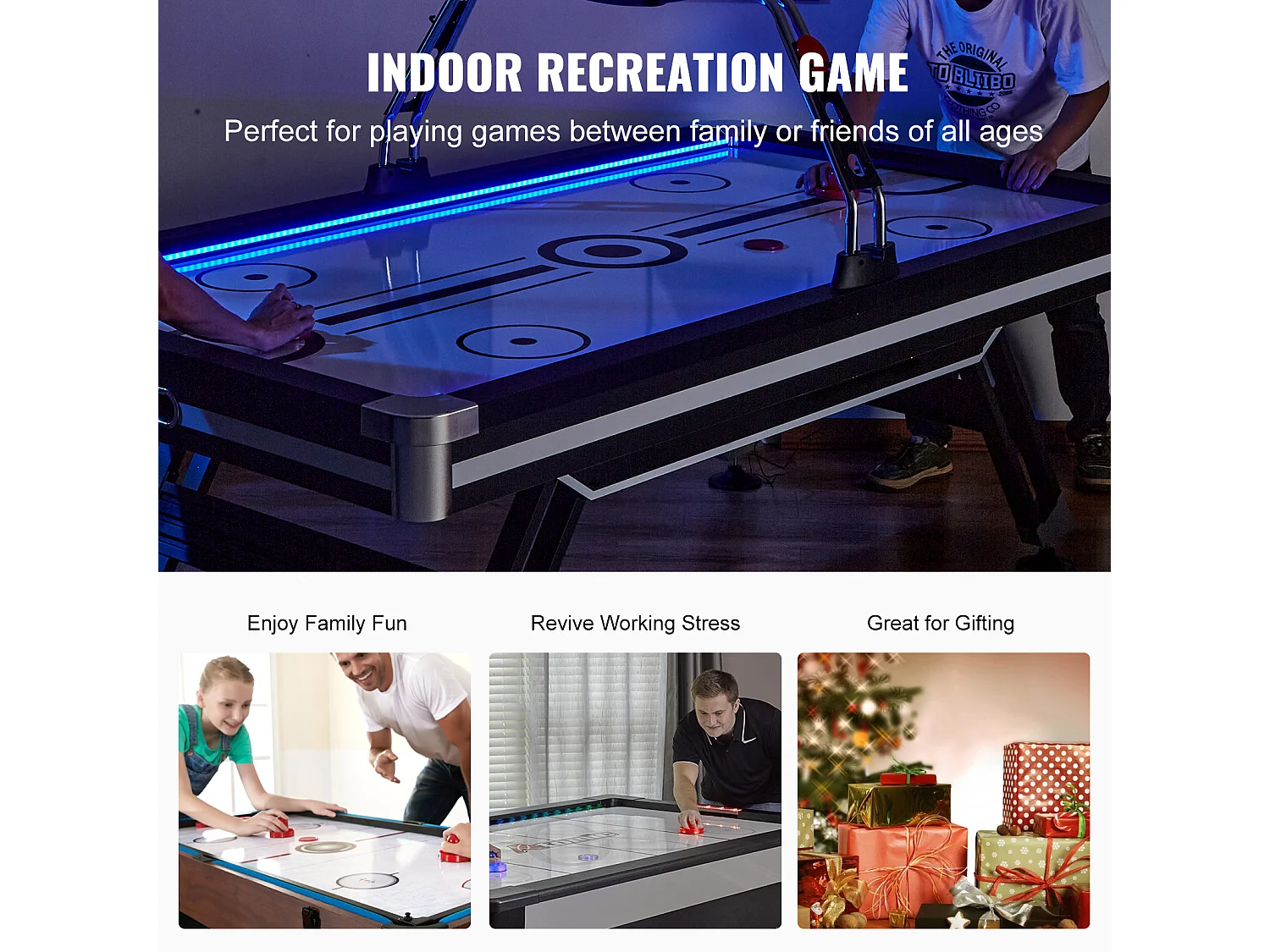 Billard / Table d’Air Hockey avec Systeme de Score Electronique LED, Materiel pour Hockey sur Table deInterieur, avec 2 Palets, 2 Poussoirs