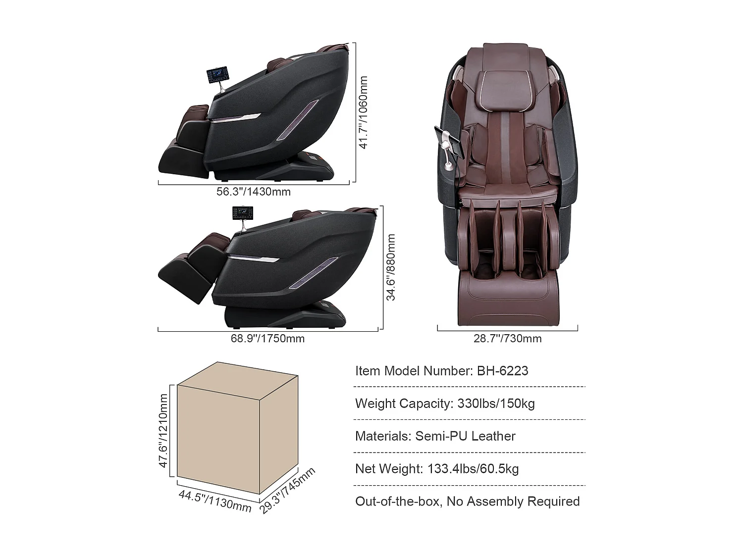 Fauteuil de Massage avec Piste SL Flexible, Masseur Shiatsu 3D Complet du Corps, Zero Gravite, 10 a 18 Modes Automatiques, Chauffage,  Coussin d’Air