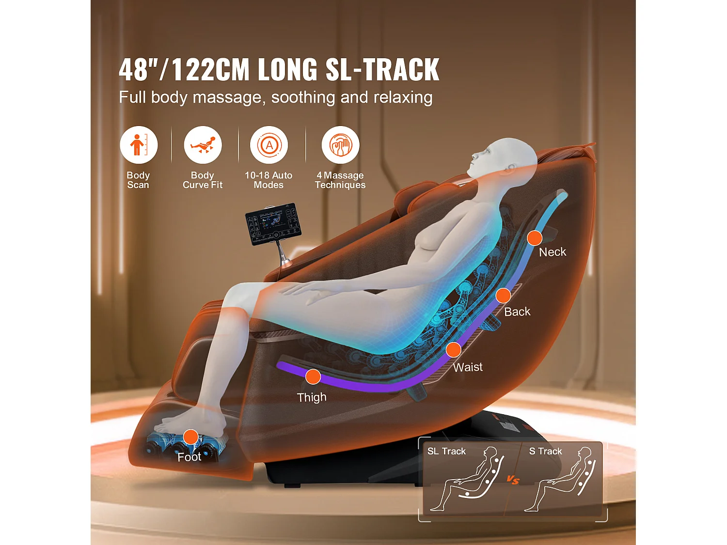 Fauteuil de Massage avec Piste SL Flexible, Masseur Shiatsu 3D Complet du Corps, Zero Gravite, 10 a 18 Modes Automatiques, Chauffage,  Coussin d’Air