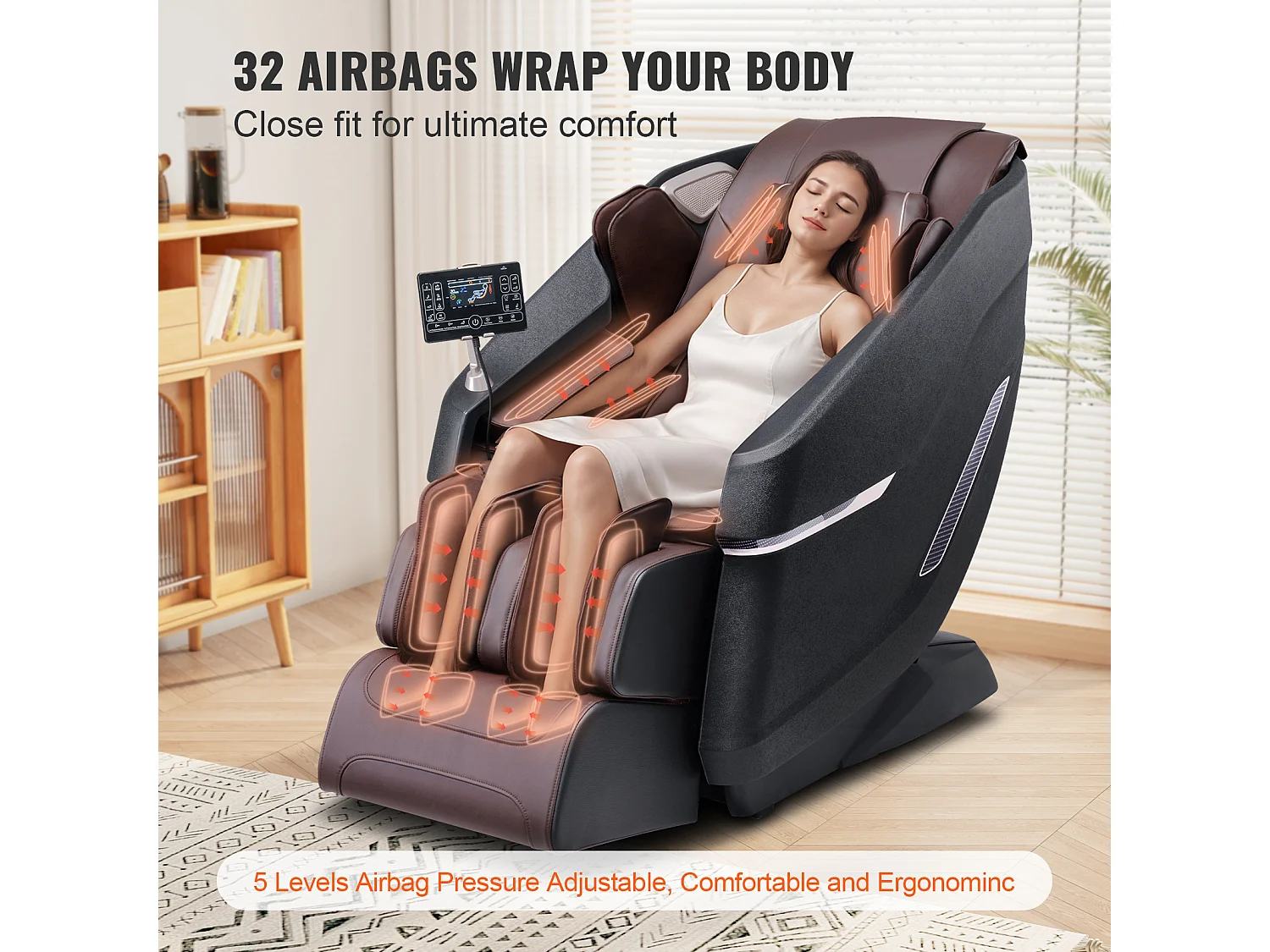 Fauteuil de Massage avec Piste SL Flexible, Masseur Shiatsu 3D Complet du Corps, Zero Gravite, 10 a 18 Modes Automatiques, Chauffage,  Coussin d’Air