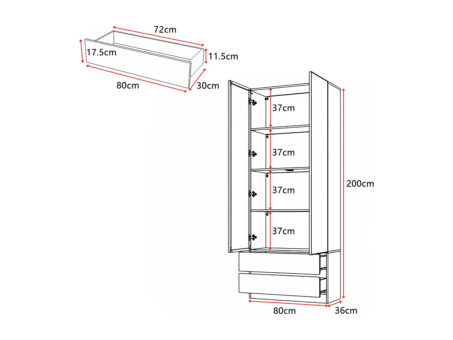 Vitrine avec LED 3 couleurs - 2 portes et 2 tiroirs - 6 niveaux, push to open, 80x36x200, Blanc