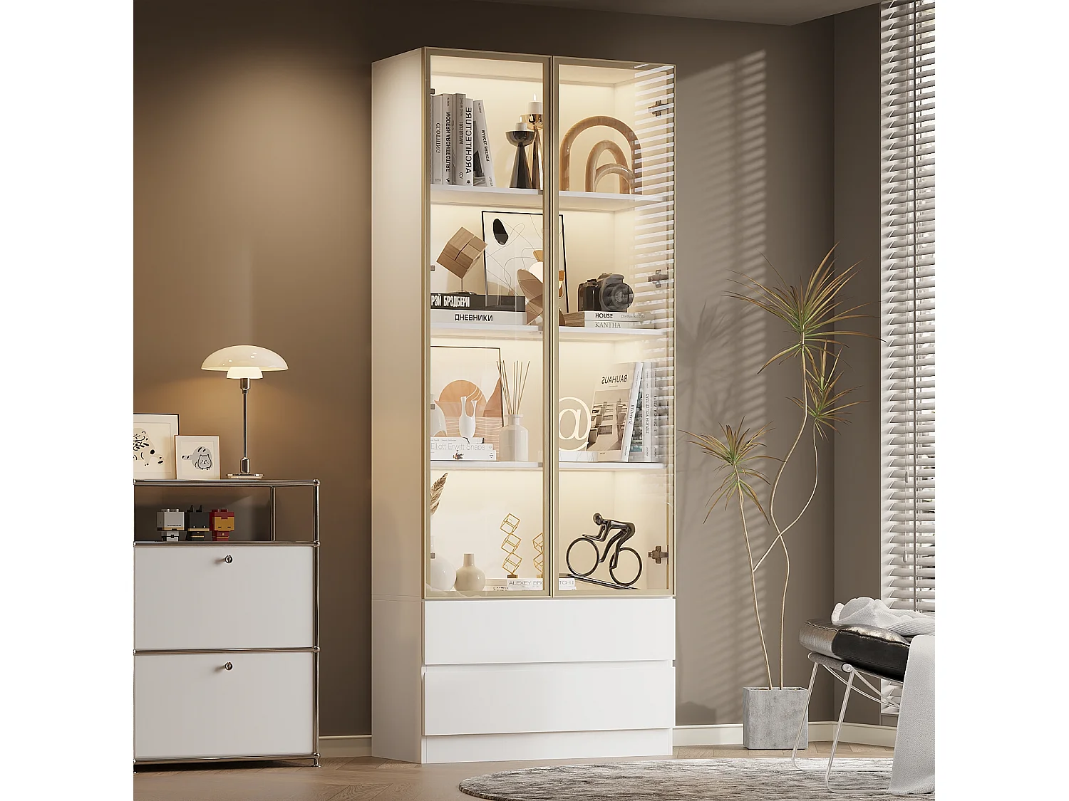 Vitrine avec LED 3 couleurs - 2 portes et 2 tiroirs - 6 niveaux, push to open, 80x36x200, Blanc