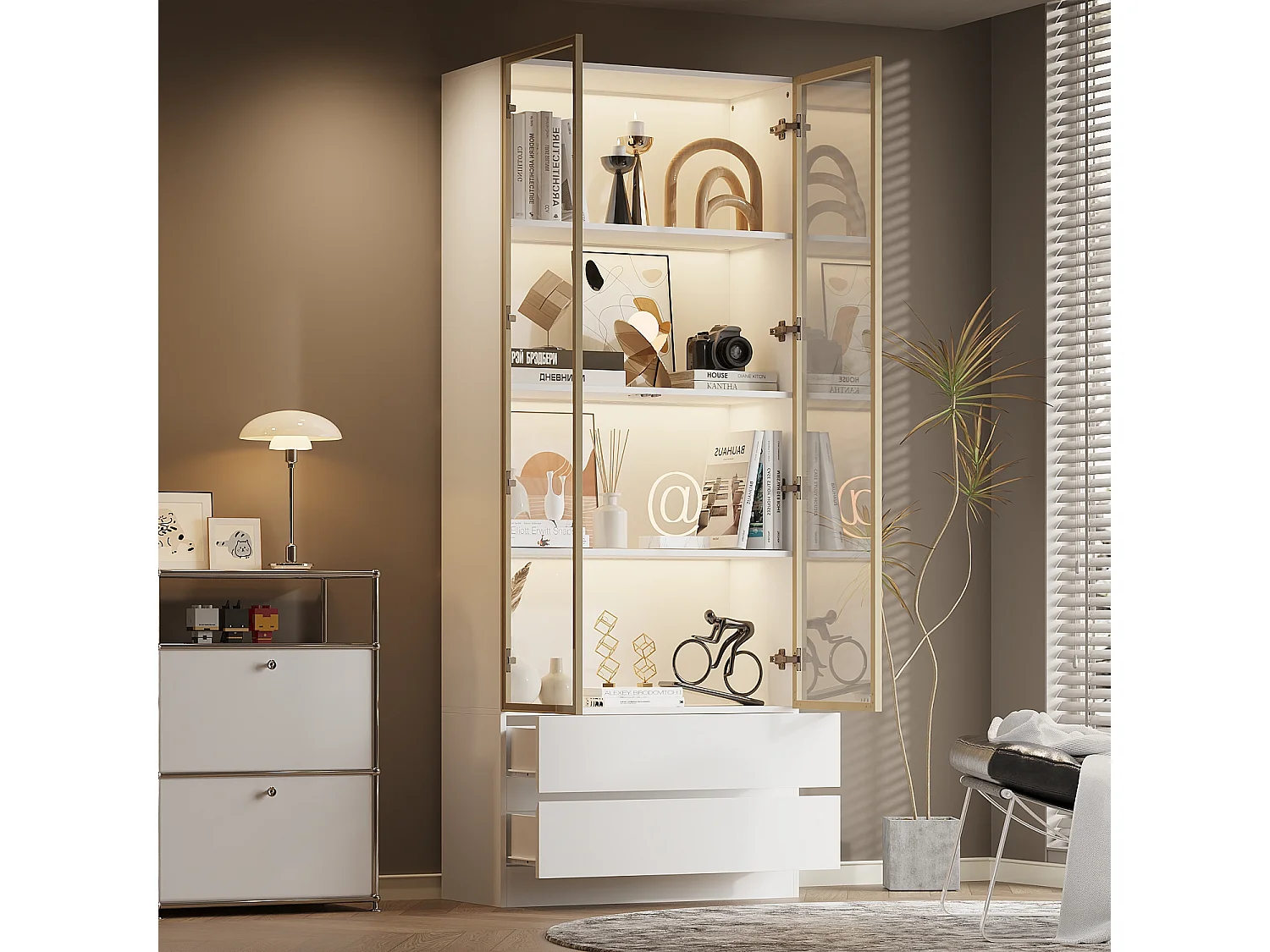 Vitrine avec LED 3 couleurs - 2 portes et 2 tiroirs - 6 niveaux, push to open, 80x36x200, Blanc