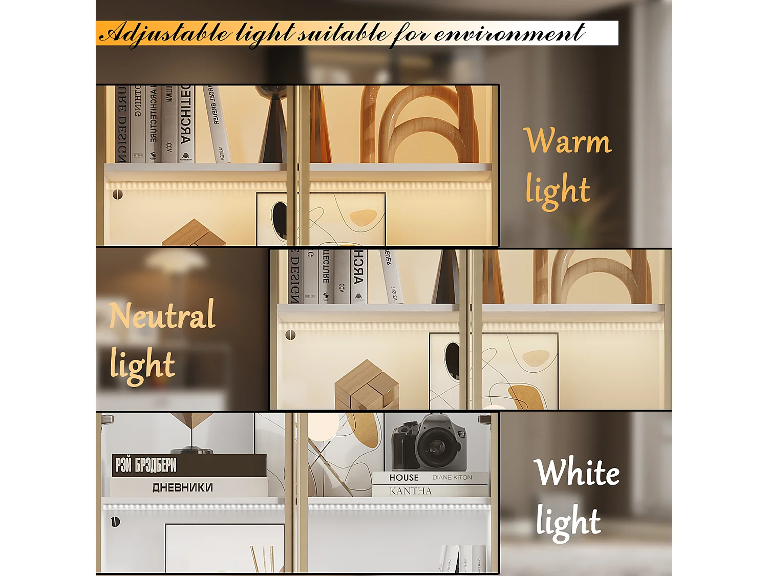 Vitrine avec LED 3 couleurs - 2 portes et 2 tiroirs - 6 niveaux, push to open, 80x36x200, Blanc