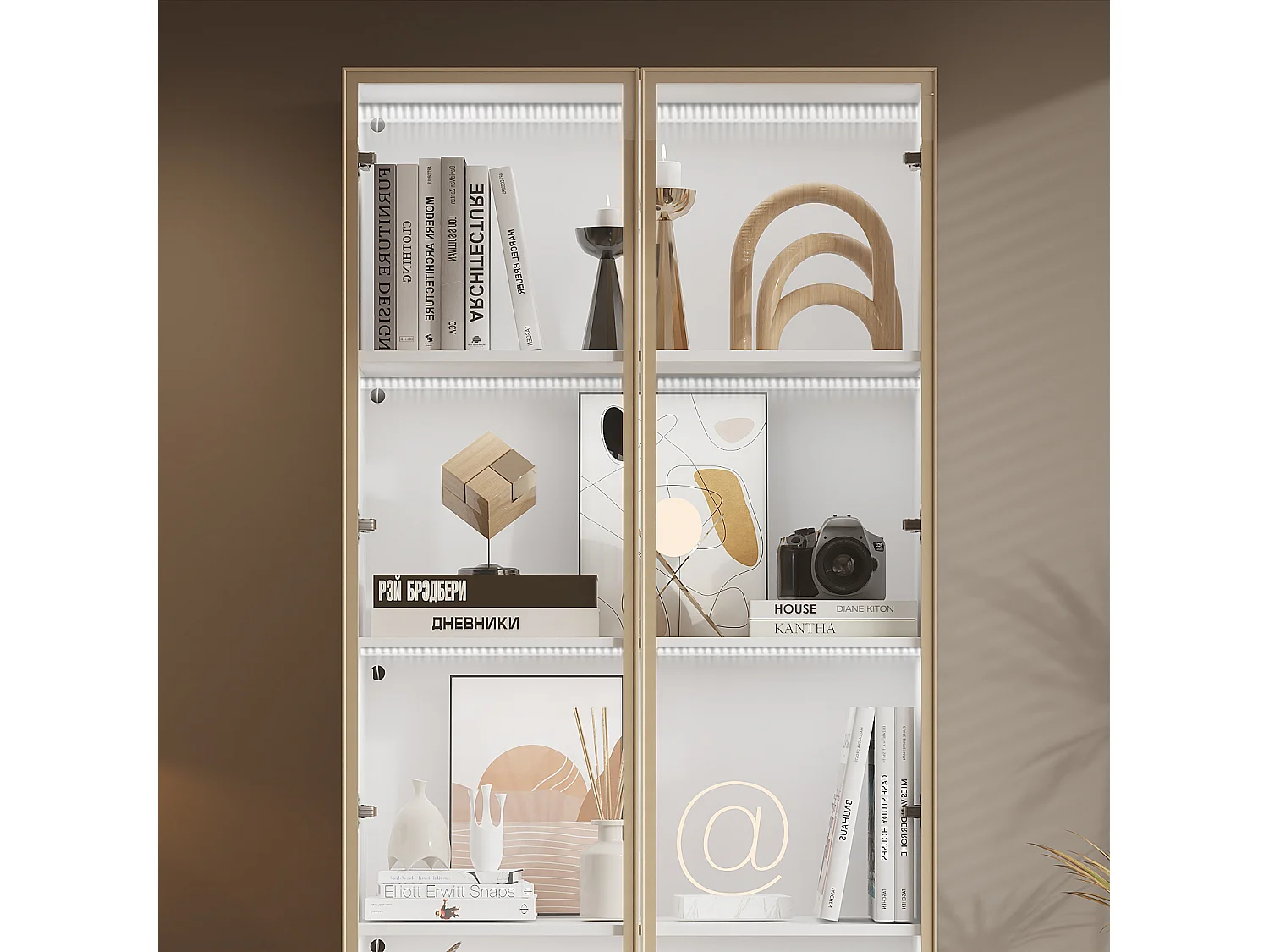Vitrine avec LED 3 couleurs - 2 portes et 2 tiroirs - 6 niveaux, push to open, 80x36x200, Blanc