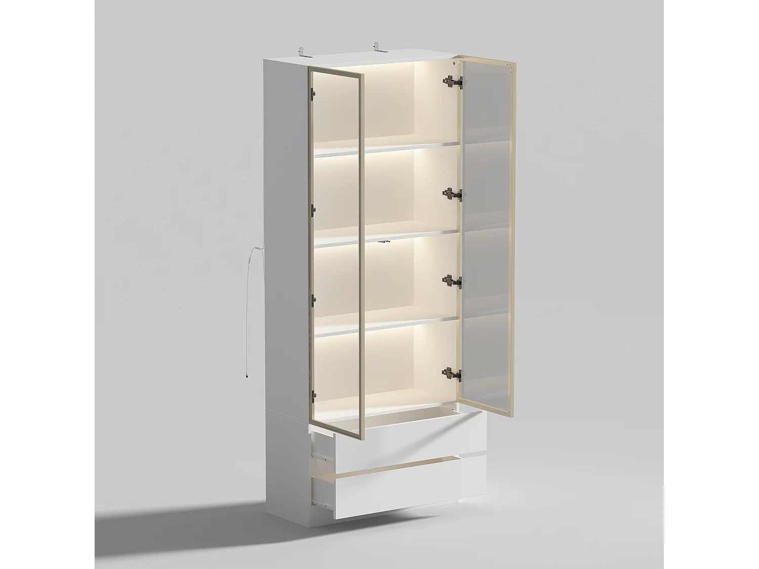 Vitrine Armoire avec LED 3 couleurs, 2 portes en verre trempé et 2 tiroirs, 80x36x200, Blanc et Doré